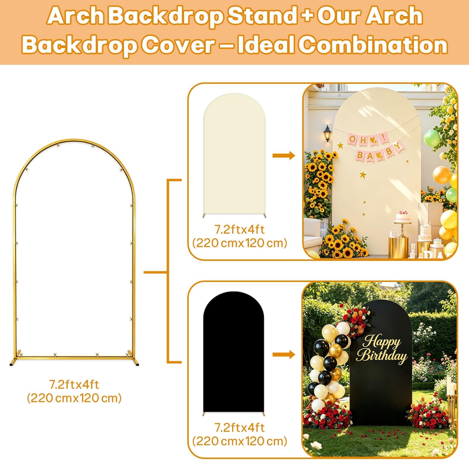 7.2ft Gold Metal Arch Backdrop Stand | Wedding, Baby Shower, Birthday Decor, Pho