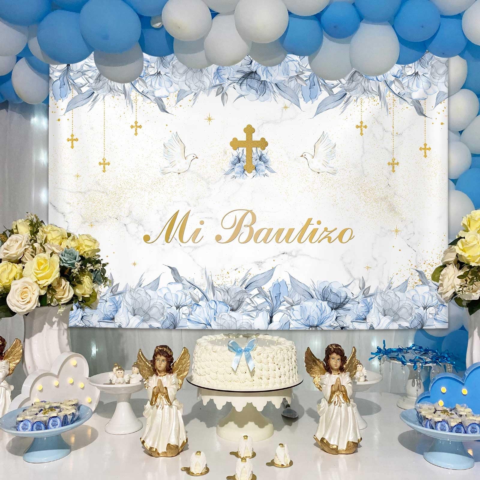 7x5ft Mi Bautizo Backdrop, Boy, Blue Floral, First Communion, God Bless