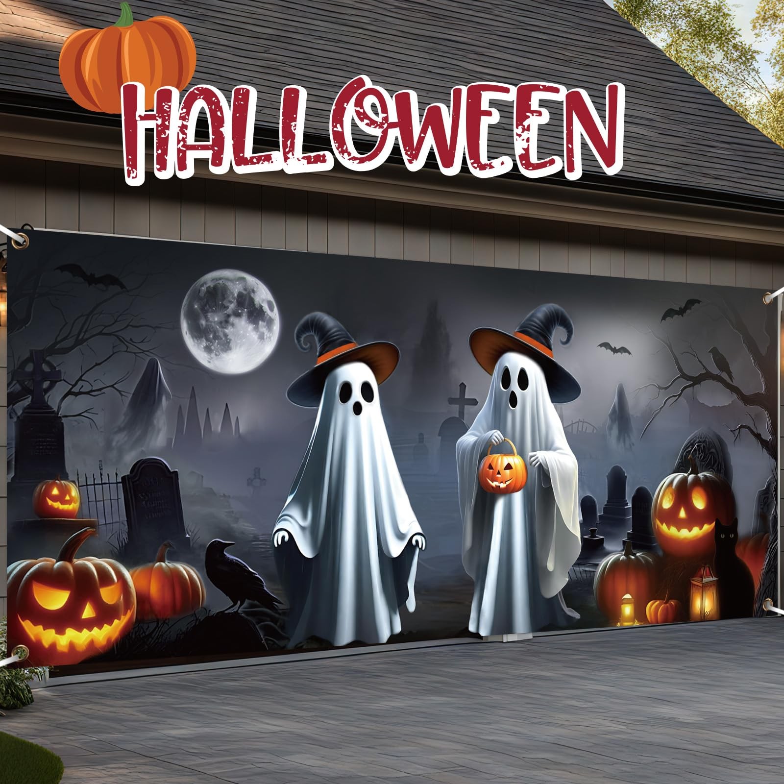 Preboun Halloween Ghost Garage Door 7 x 16 ft, as shown in the picture