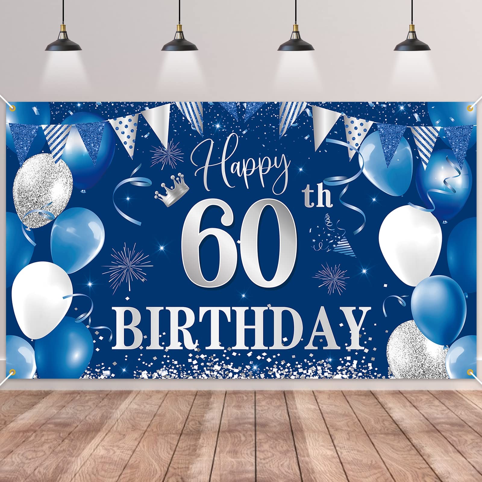 60th Birthday Banner Backdrop,BTZO Happy One Size, Blue Silver 60