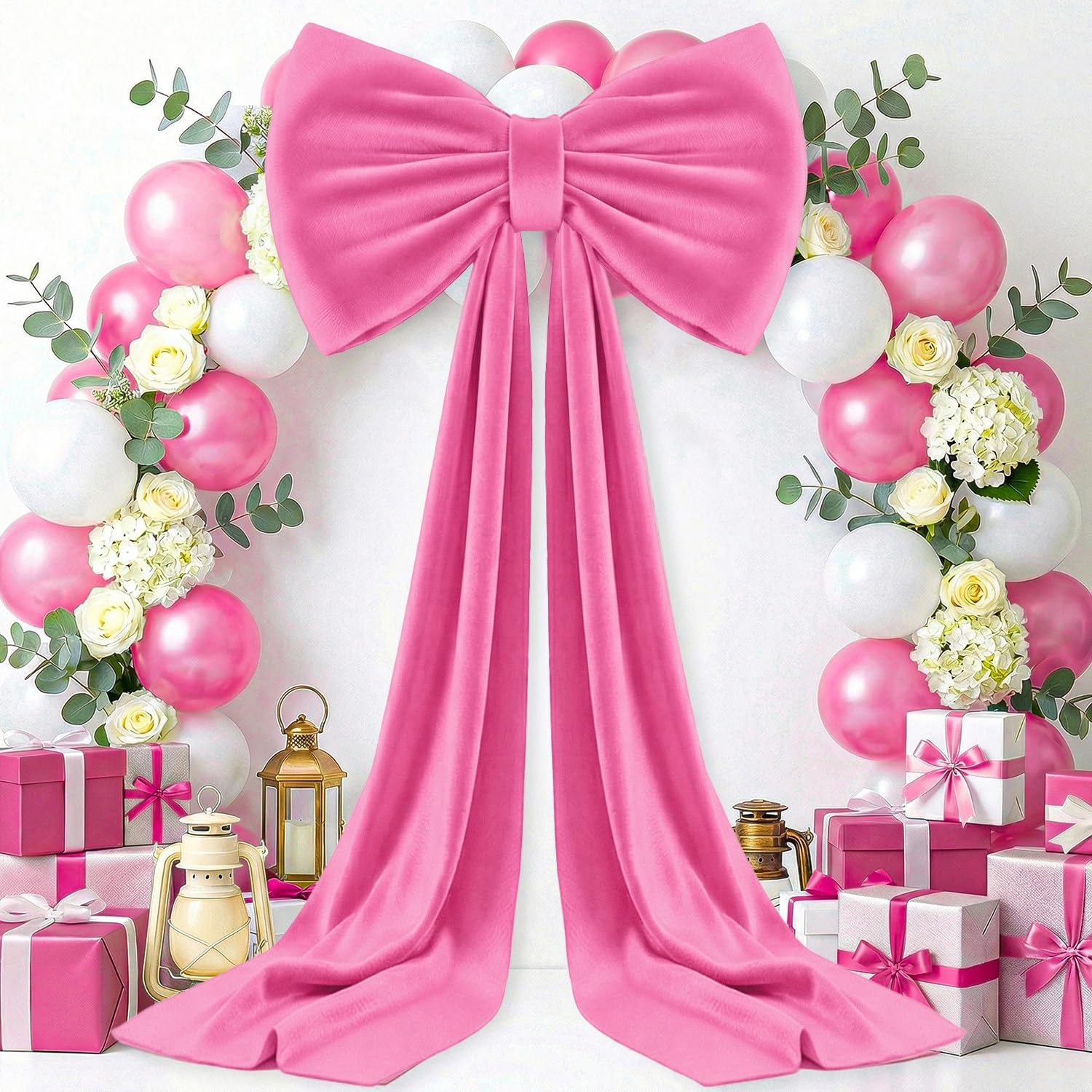 Giant Bow for Backdrop Hot Pink Large Bow with Long Ribbon, 75×23 Inch 3D Ove…