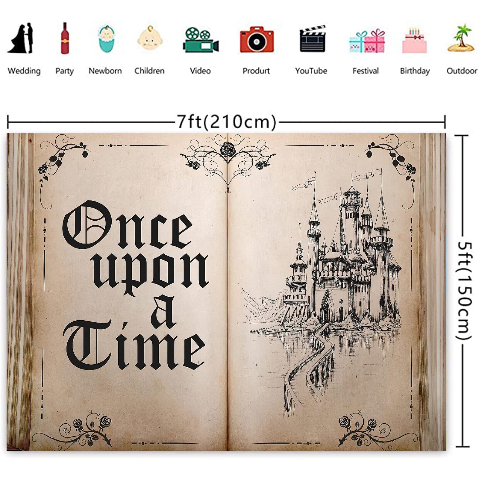 Fairy Tale Books Backdrop Once Upon a Time Backdrops Ancient 7×5 FT, brown