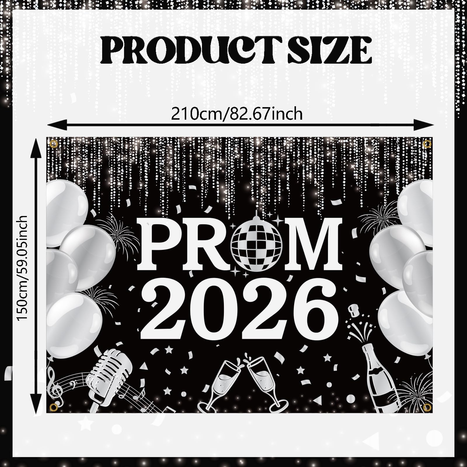 7x5ft Prom 2026 Backdrop Graduation Class 2026 Photography Black/Silver