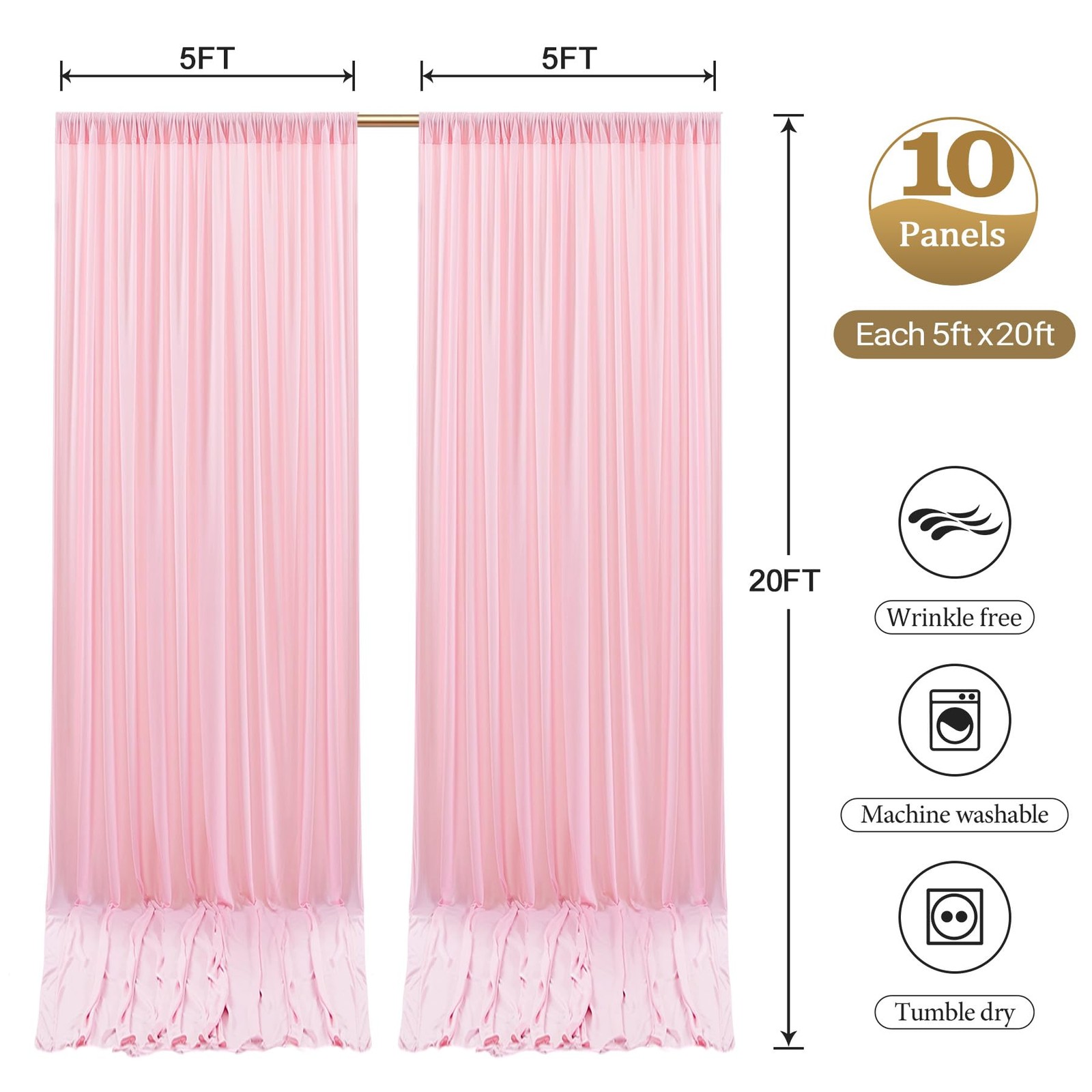 50ftx12ft Wrinkle Free Pink Backdrop Curtain, 5′(W) x 12′(H), 10 panels,