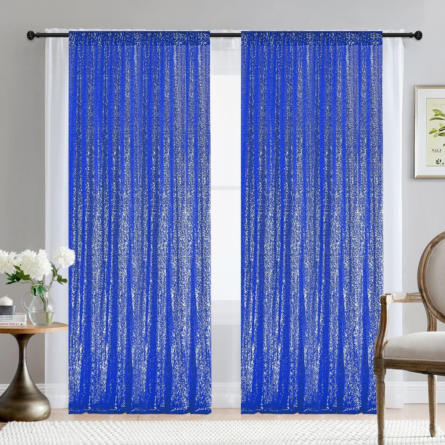 2×8FT-2PCS Royal Blue Sequin Backdrop Curtains Panels, Photography Backdrop G…