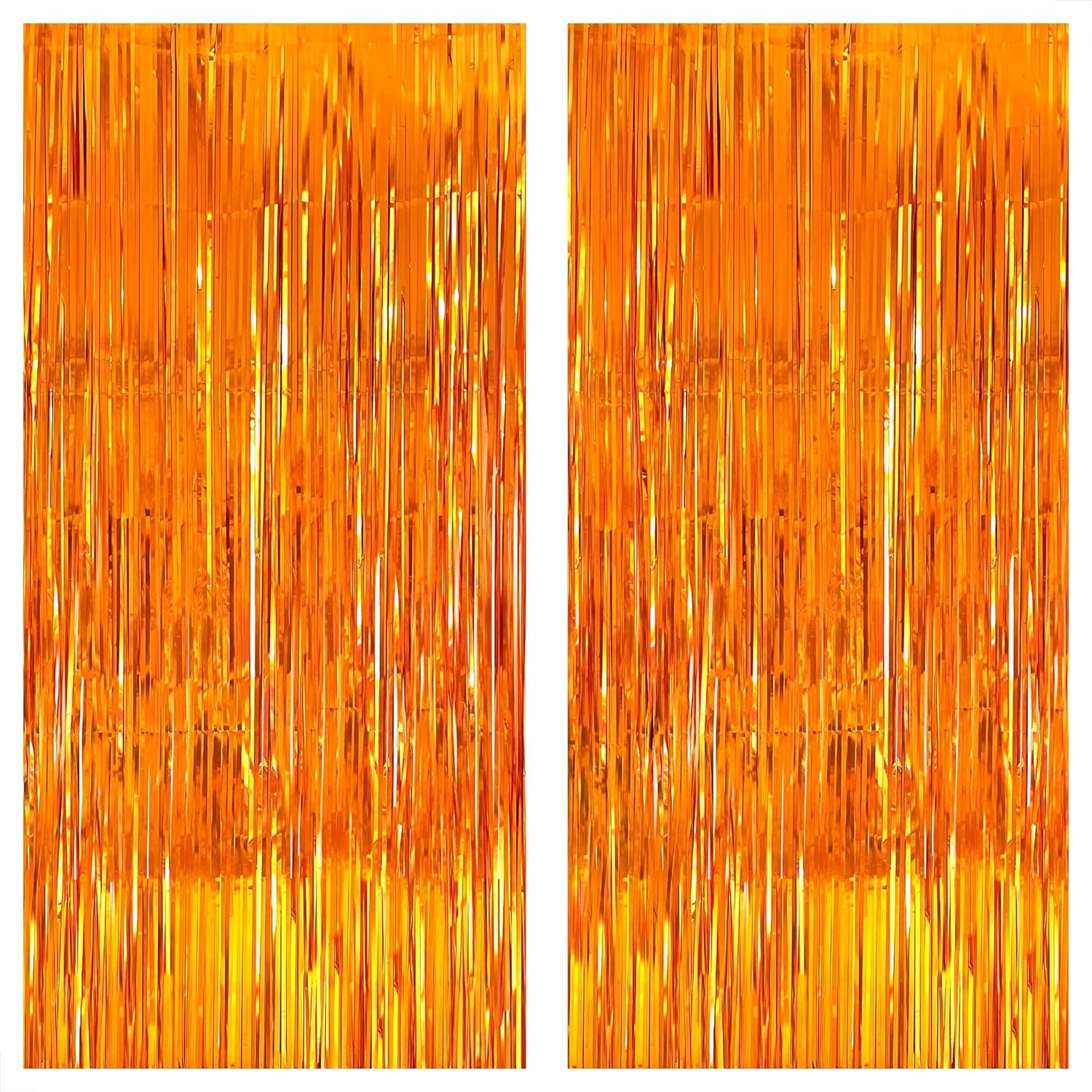 Xtra Large Orange Fringe Backdrop Curtain 3.2×8 Feet, Pack of 2 for Events