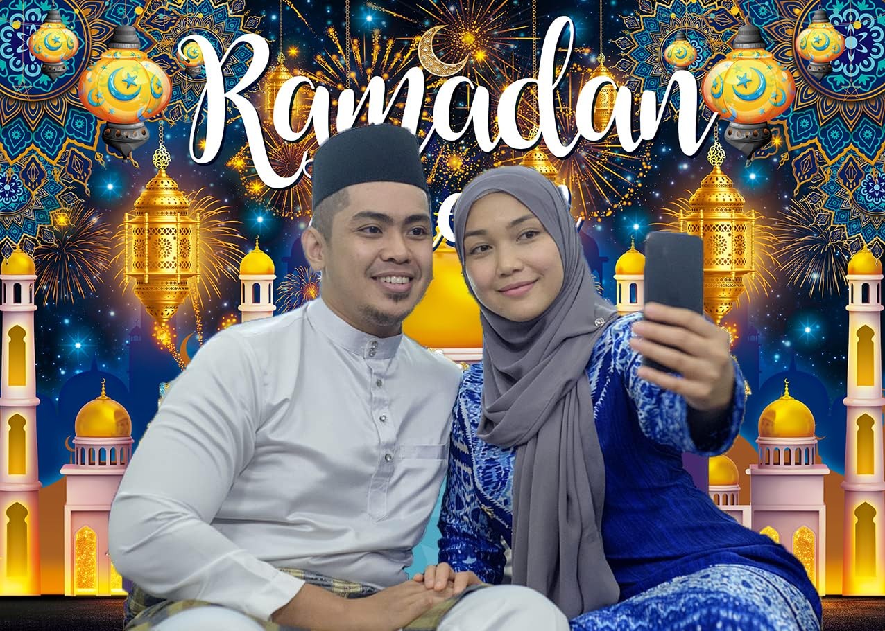 Ramadan Kareem Backdrop 7x5FT（210x150cm）, Multicolor (Blue, Gold, Yellow)
