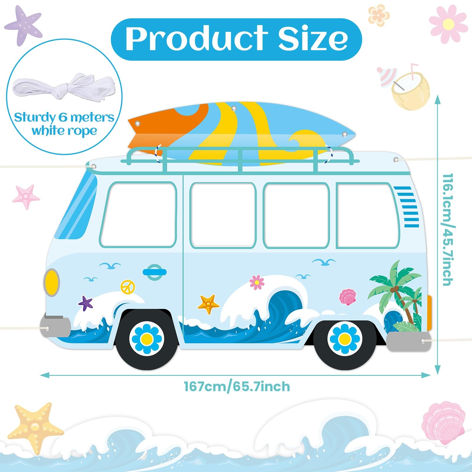 Summer Beach Bus Shaped Photo Prop Selfie Frame Party Decor 66 x 46in Large F…