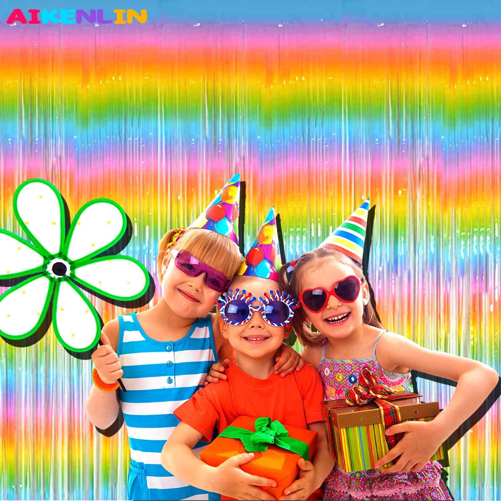 4 PCS Macaron Rainbow Foil Fringe Curtain Backdrop Streamers 3.2×9.8 Ft Party