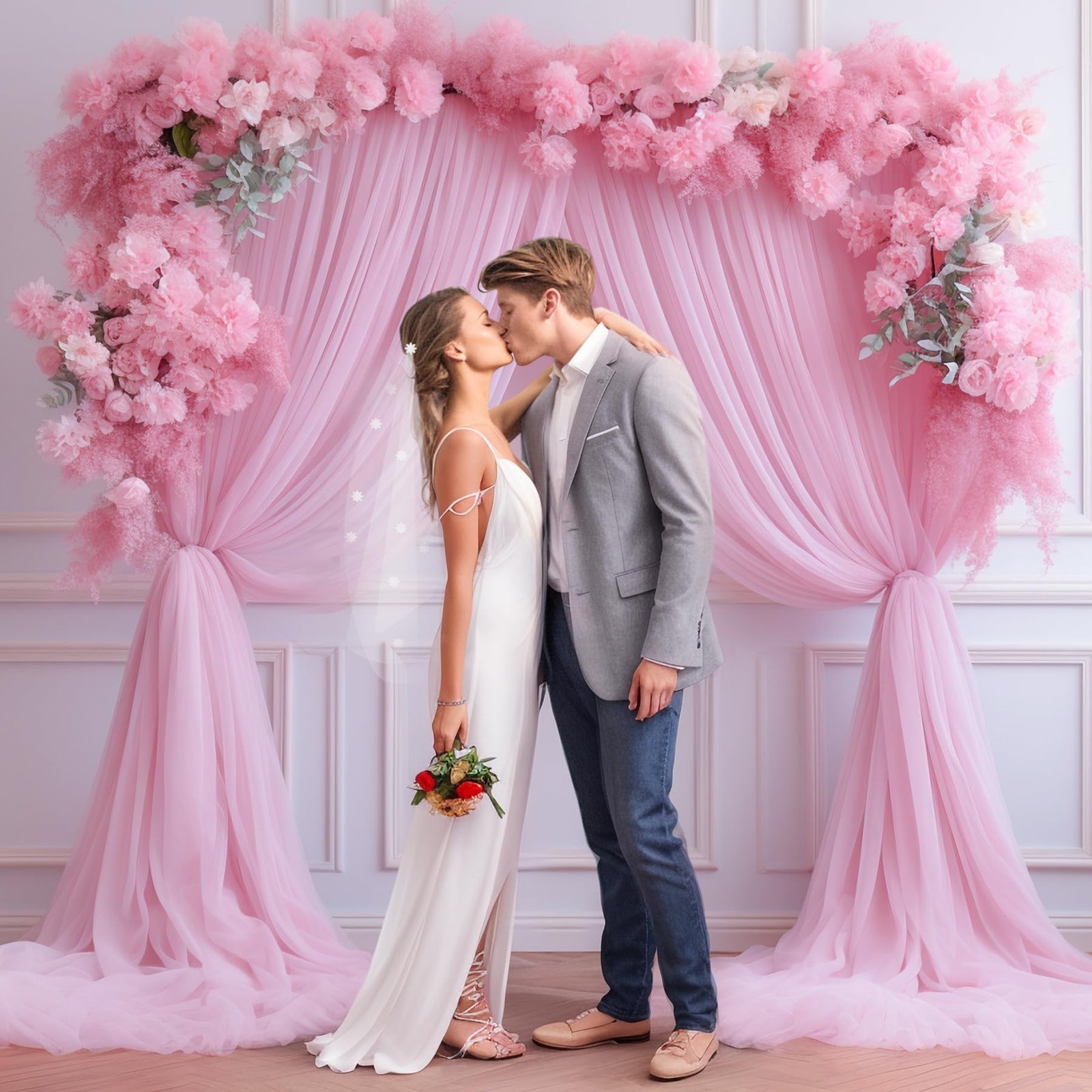 10×10 FT Pink Tulle Backdrop Curtains Sheer Wedding Photo Background Drapes