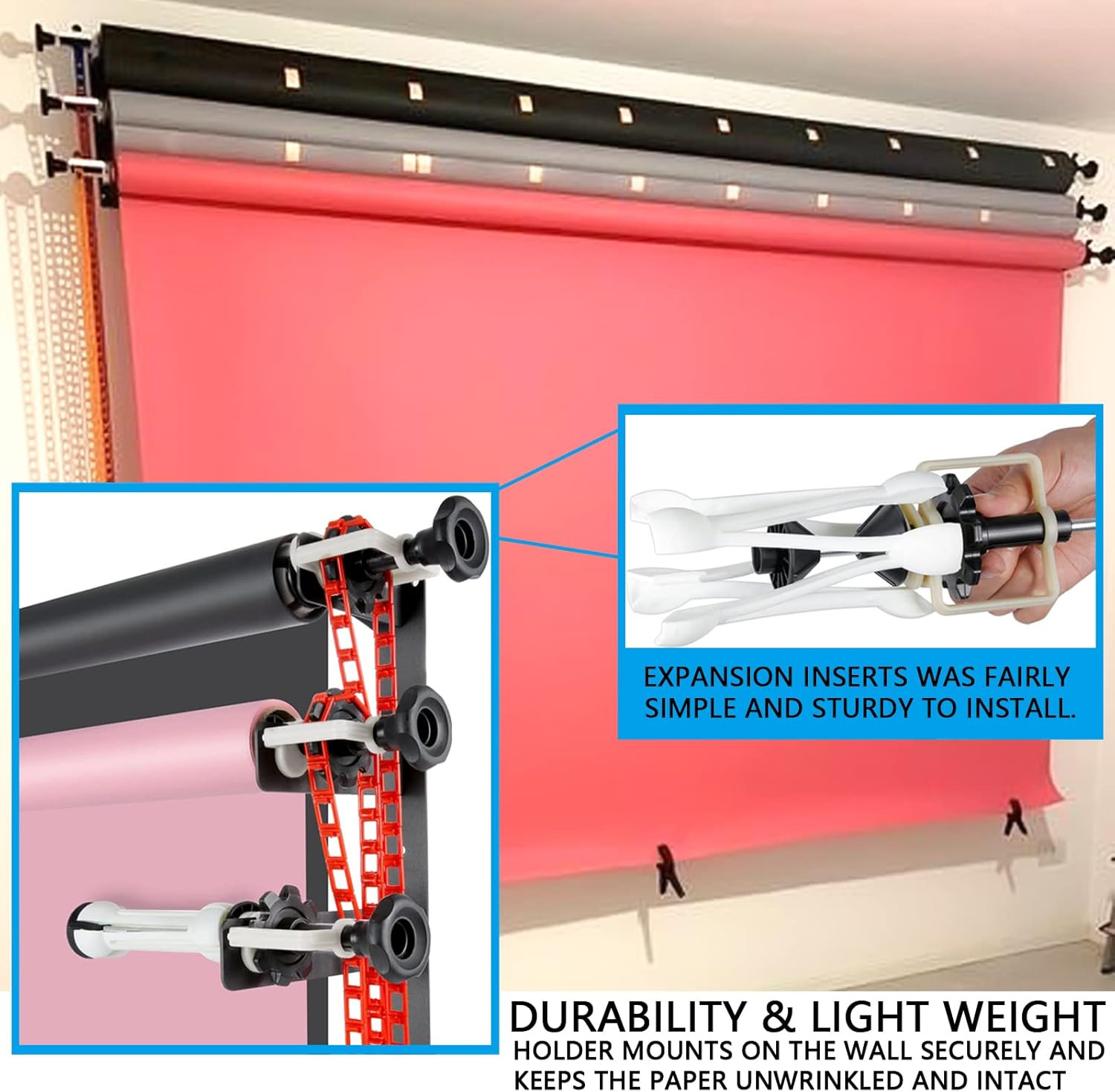 Photography Backdrop Wall Mount System with 3 Rollers for Studio & Streaming