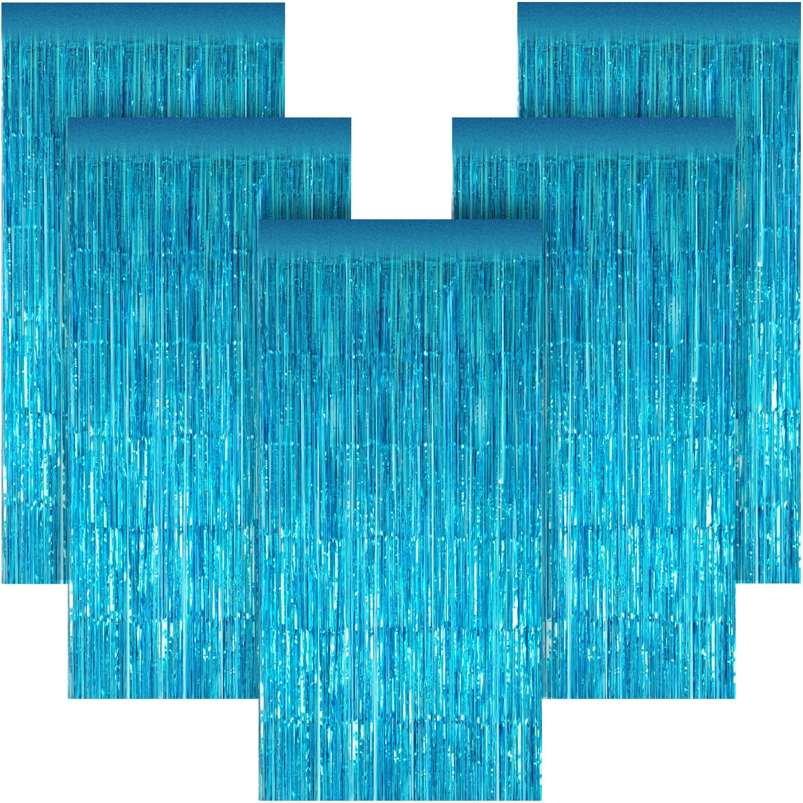 5 PCS 3.28×6.56 Ft Light Blue Metallic Tinsel Foil Fringe Curtains Backdrop