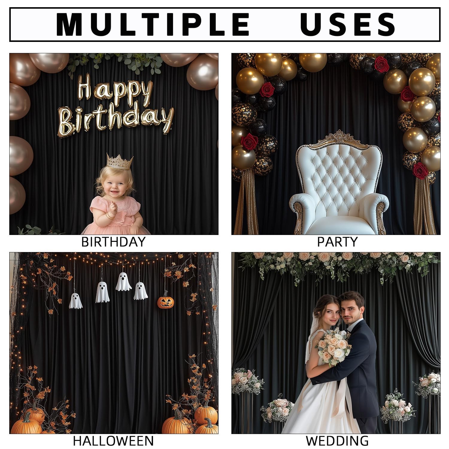 Black Wrinkle Free Photo Backdrop Curtain 5×10 Ft 2 Panels Wedding Party Drape