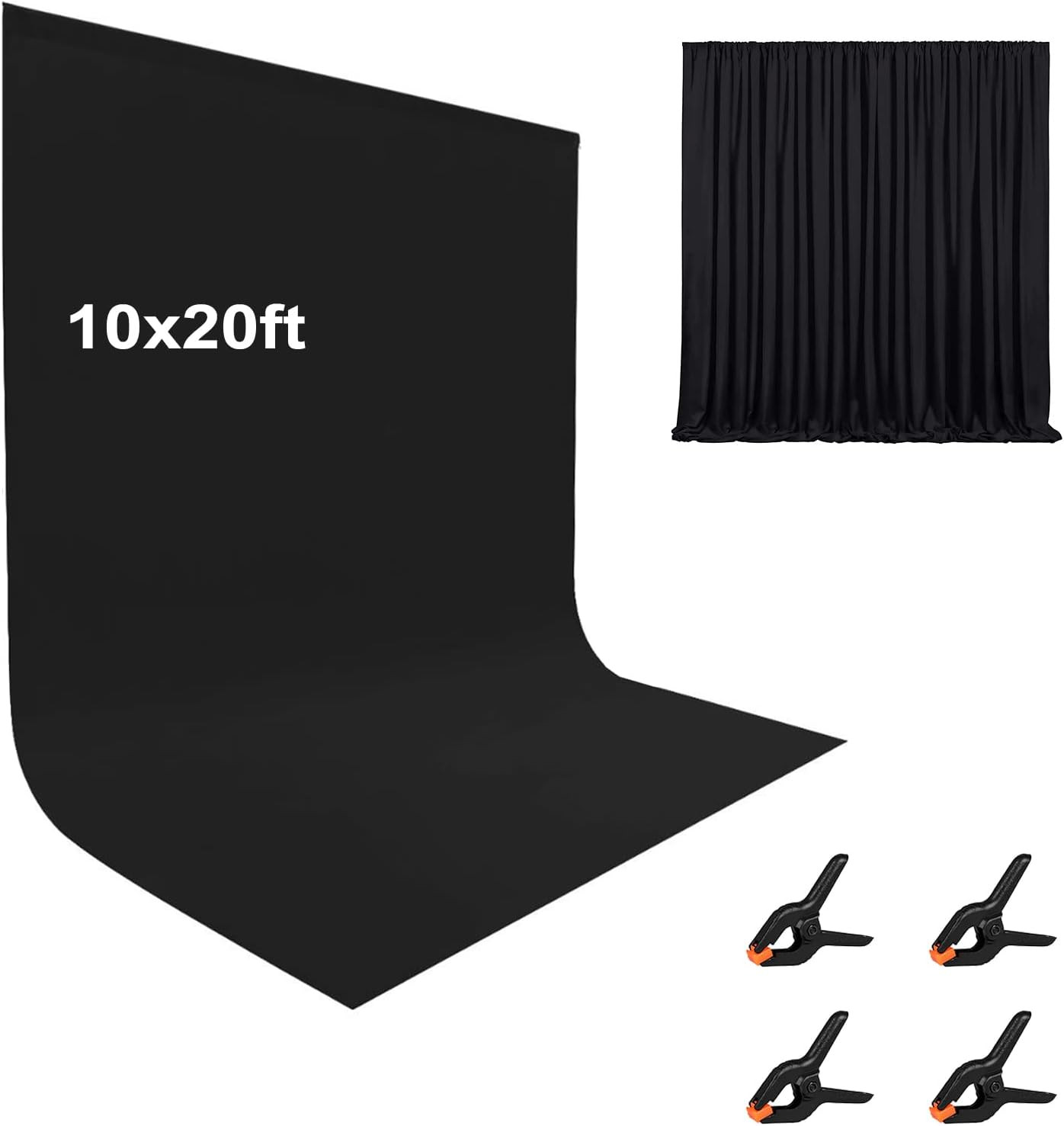 10x20ft Black Photo Backdrops for Photography, 2 Rod Pocket Backdrops Curtain