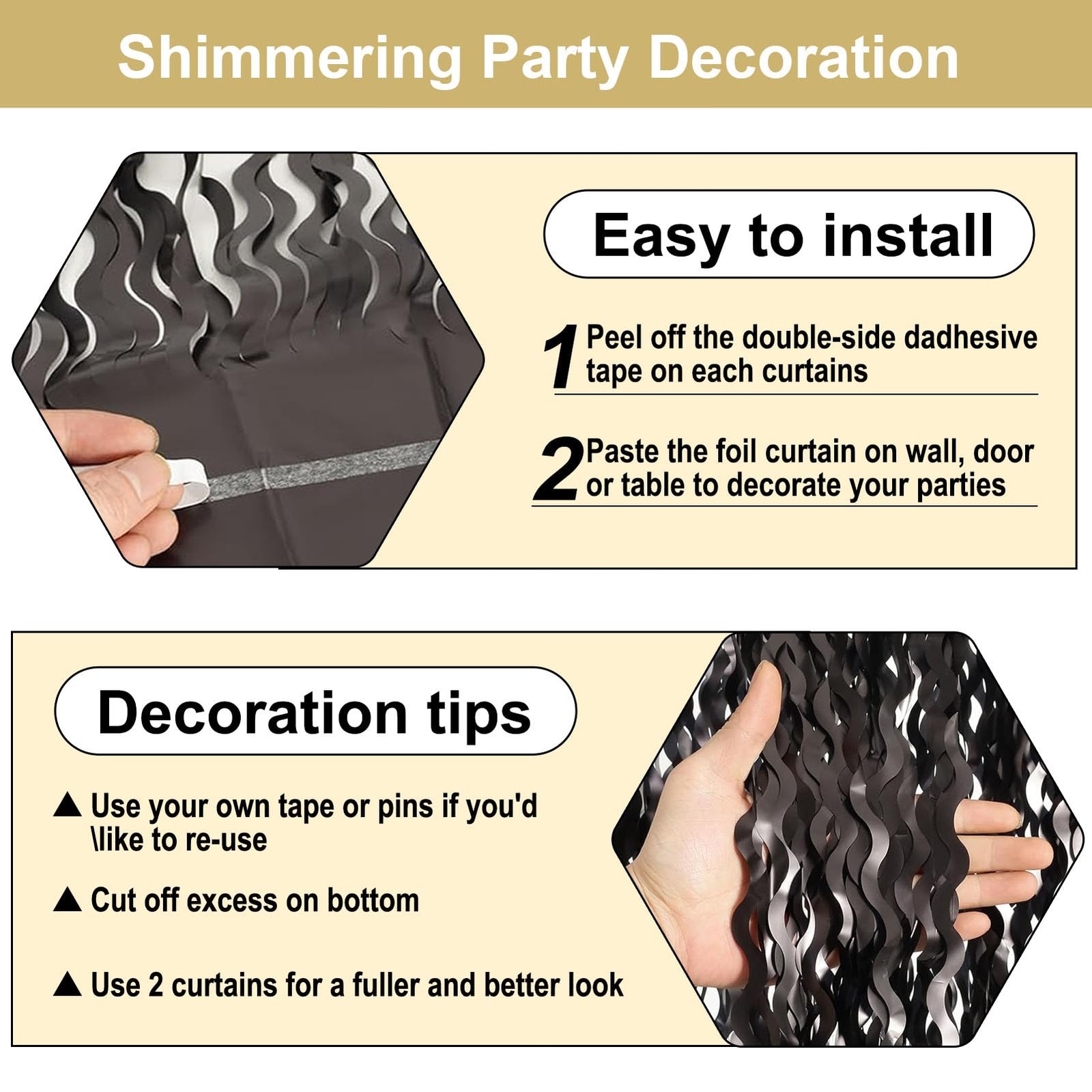 4 PCS Black Wave Foil Fringe Curtain Backdrop 3.28×8.2 Ft Metallic Tinsel