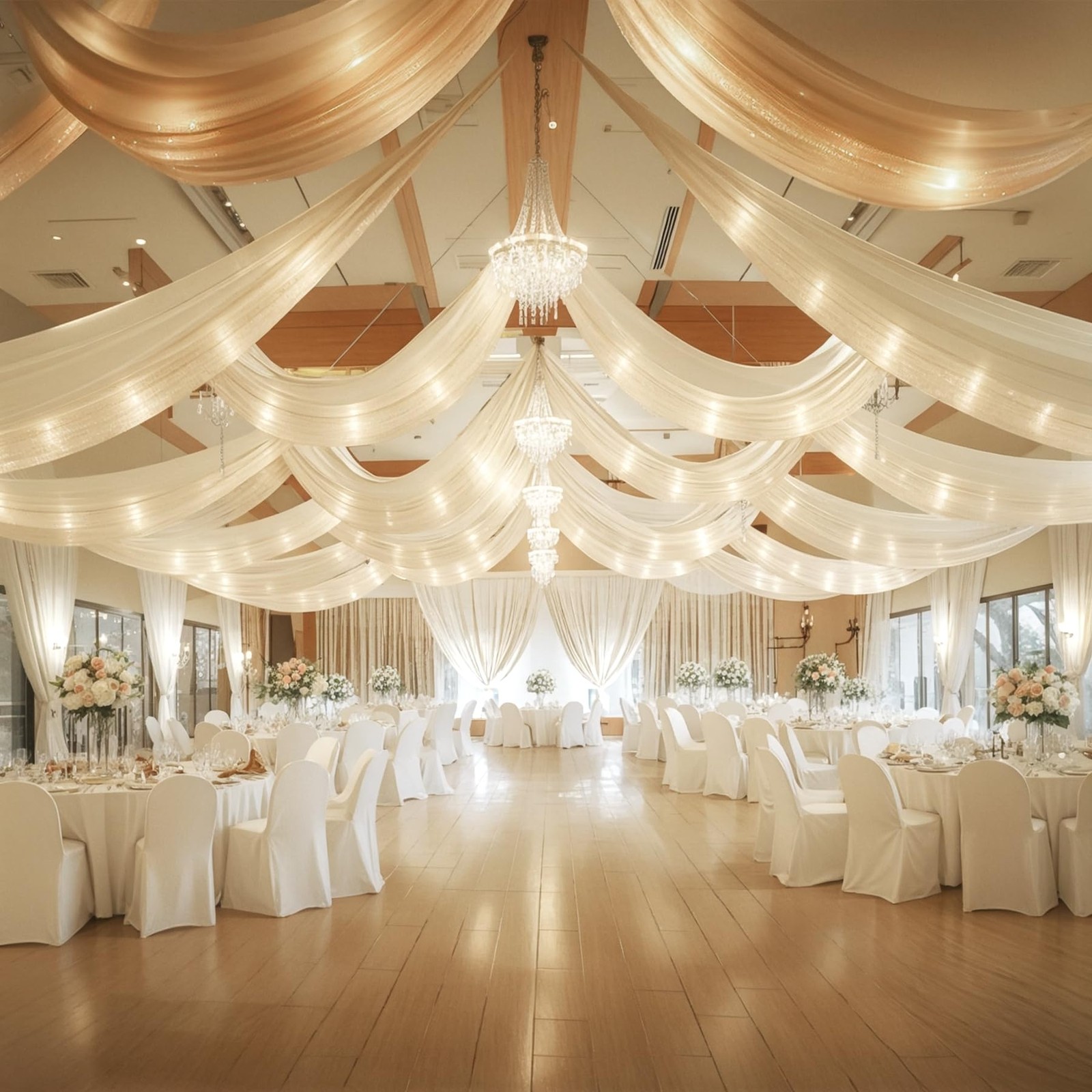 Ivory Ceiling 60″W x 360″L (Pack of 6), Drapes + Lights String