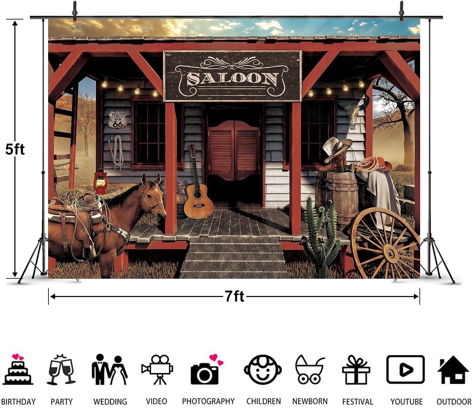 Unique 7x5ft Polyester Cowboy Saloon Backdrop – Ideal for Photography or Decor