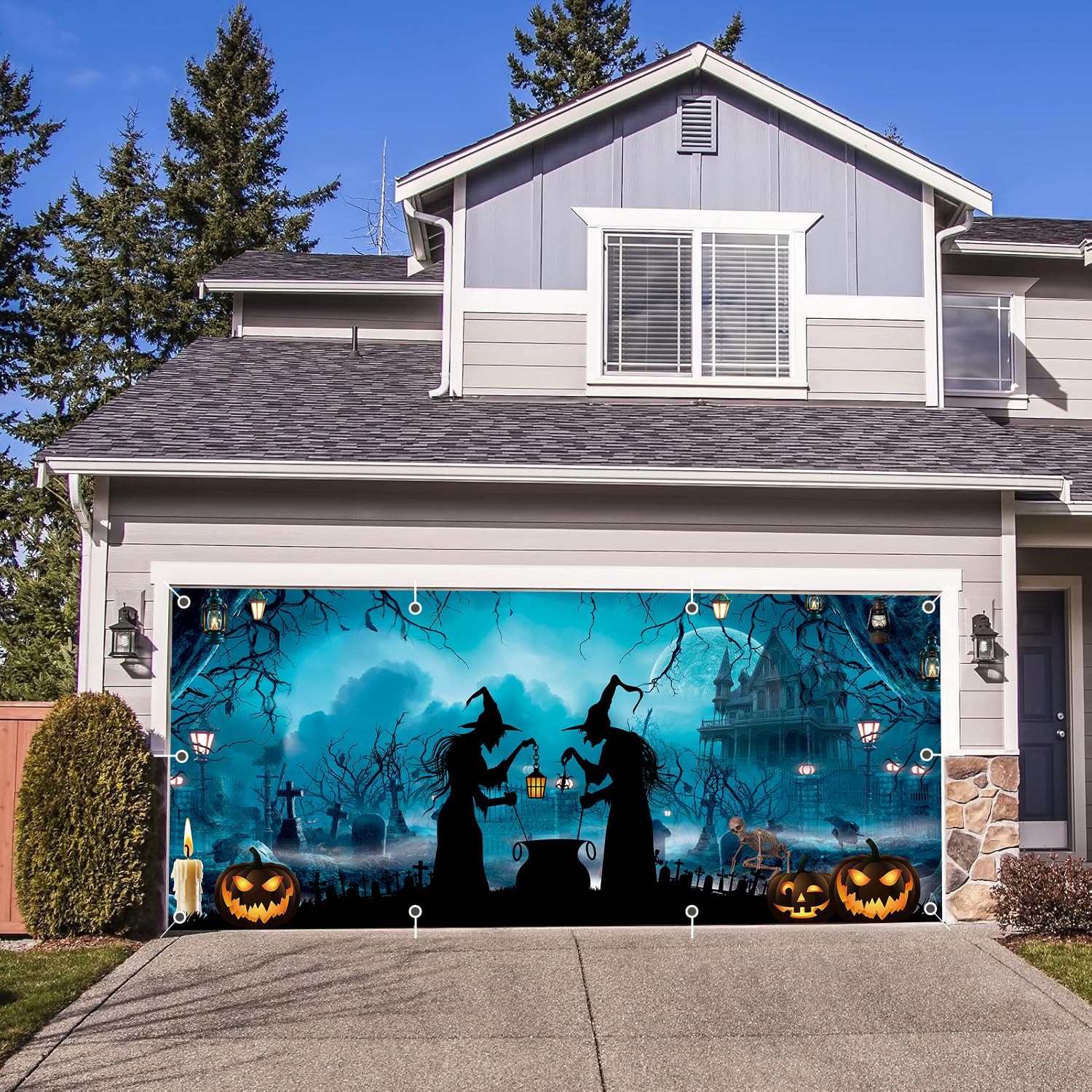 Halloween Garage Door Cover Banner 7x16ft Haunted House Witch Scary Graveyard…