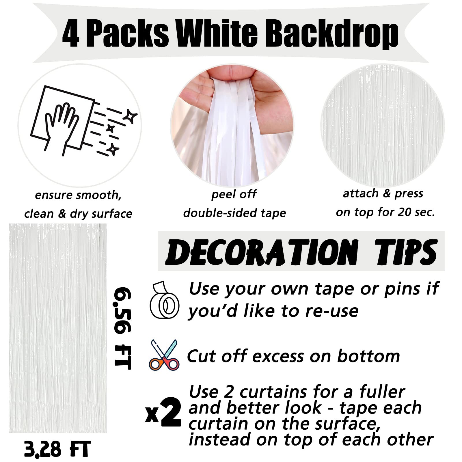 White Metallic Tinsel Foil Fringe Curtain Backdrop Streamer 3.2×6.6 Ft 4 PCS