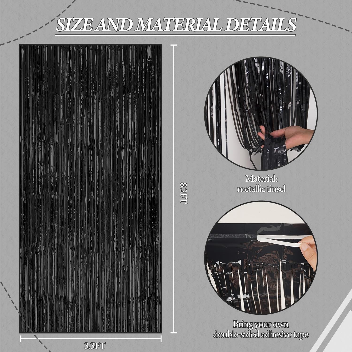 3 Pack Foil Fringe Backdrop – Black Shiny Tinsel Curtains for Party 3.3×8.2 FT