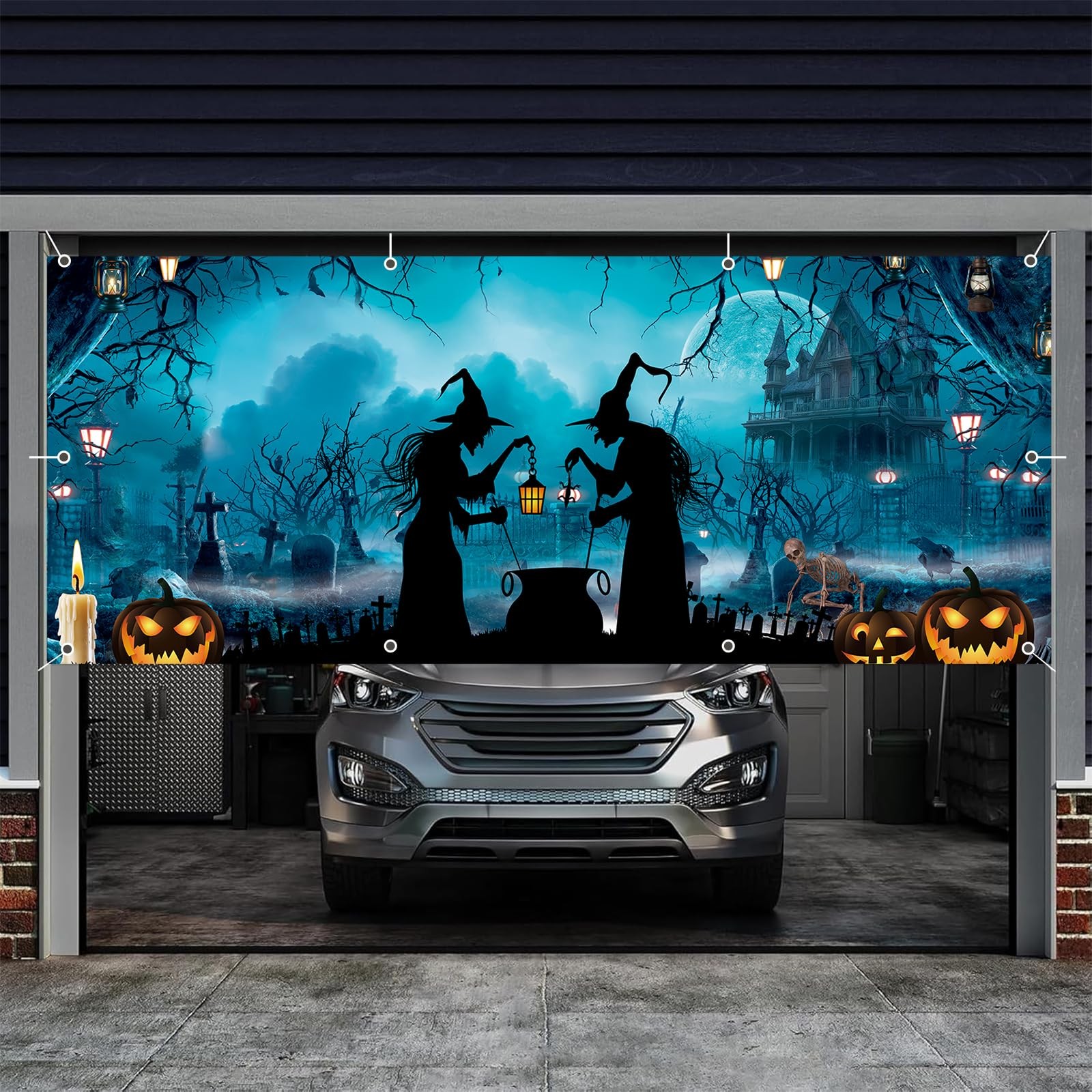 Halloween Garage Door Cover Banner 7x16ft Haunted House Witch Scary Graveyard…