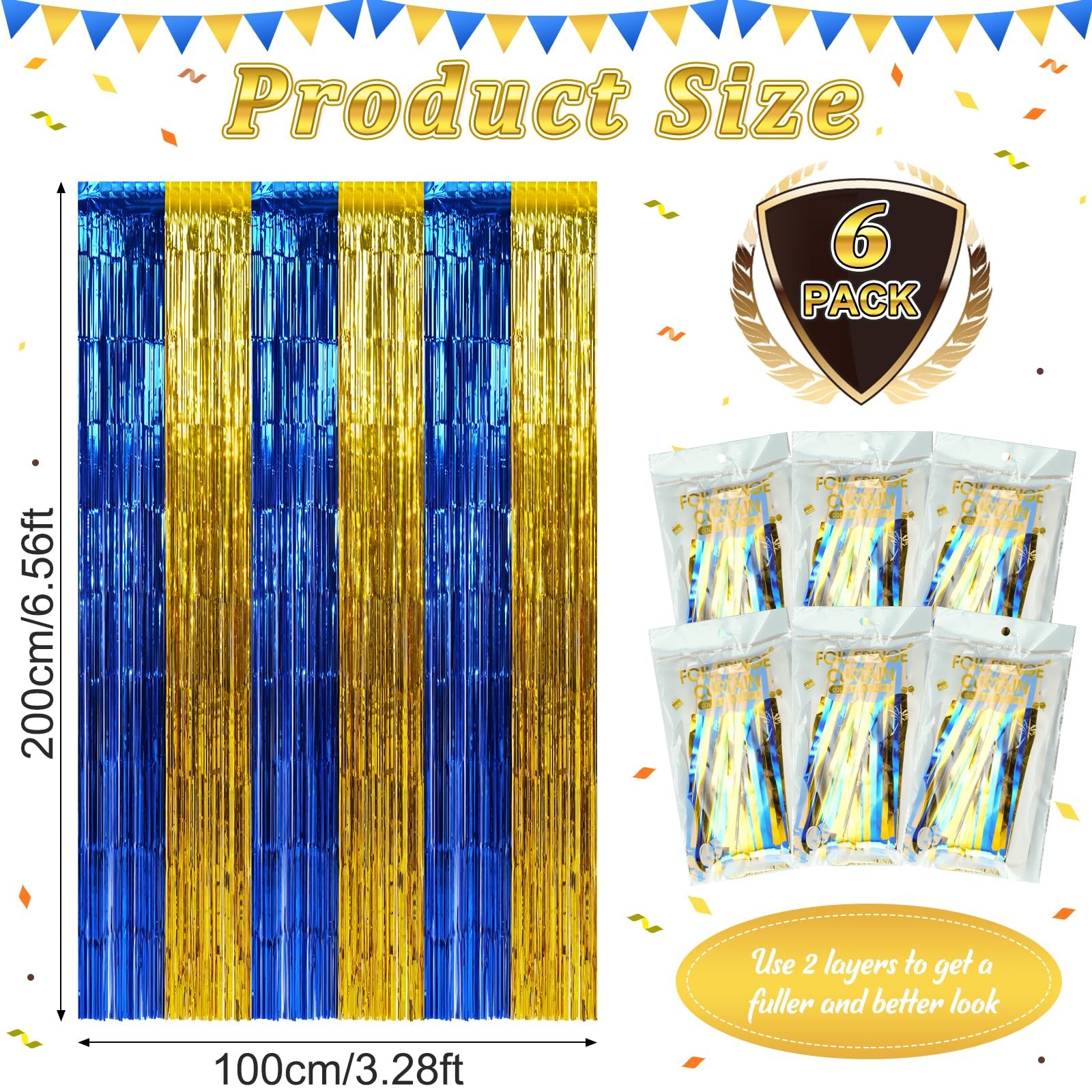 6 Pack 3.3Ft x 6.6Ft Graduation Foil Fringe Curtain 3.3X6.6Ft, Blue Gold
