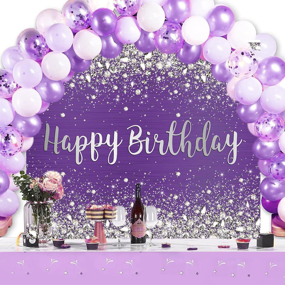 7X5Ft Glitter Purple Diamonds Happy Birthday Backdrop Shinning Silver Bokeh Dots