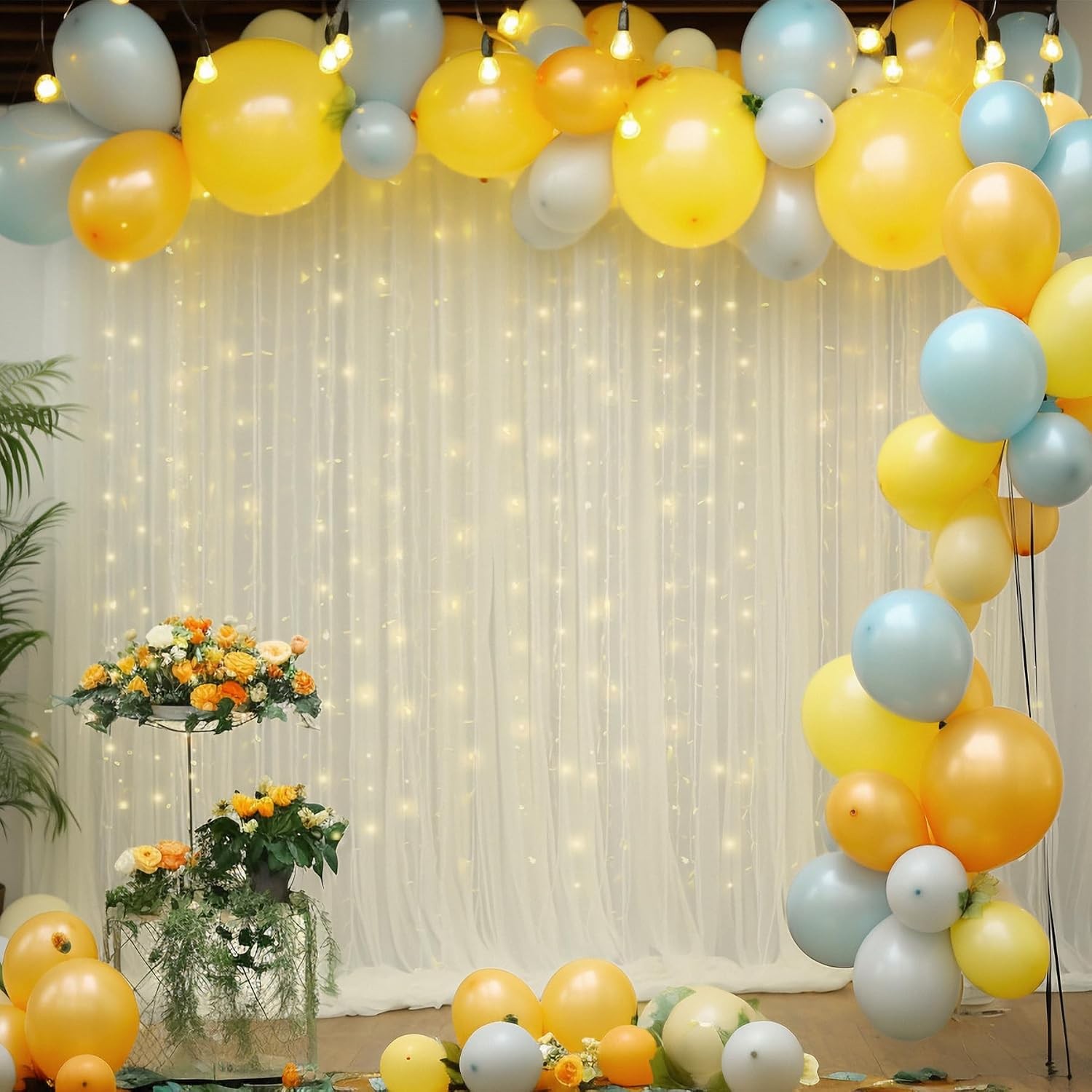 10ft x 10ft Ivory Backdrop Curtain with Lights String for Parties Sheer Tulle