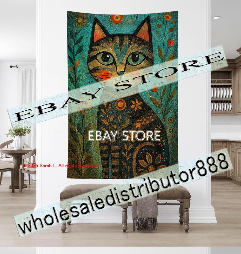 Tapestry Nouveau Cat Portrait Photography background 59X82 in