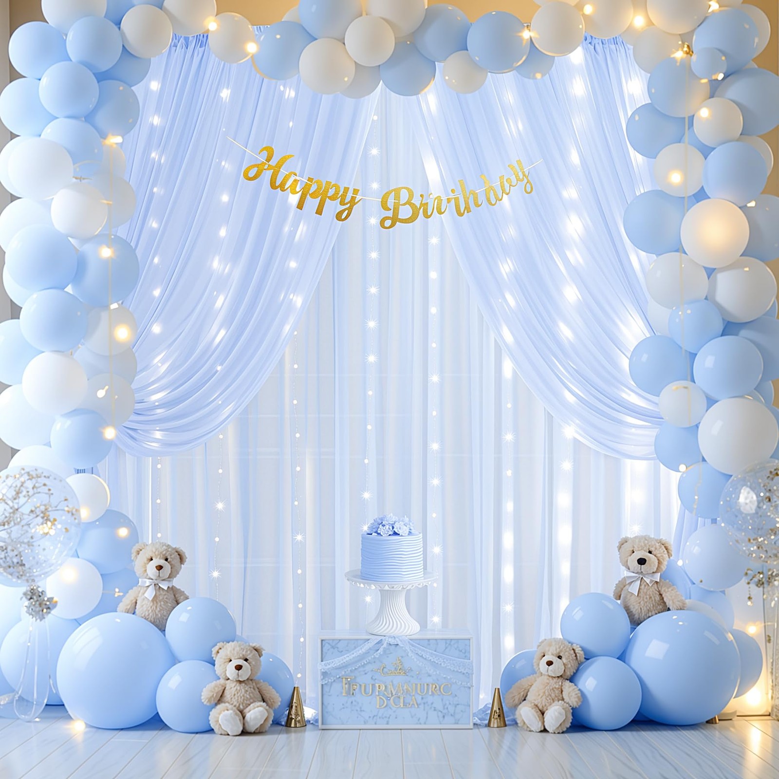 Chiffon Backdrop Curtain Lights String Sheer Tulle Wedding Baby Blue 10x10ft