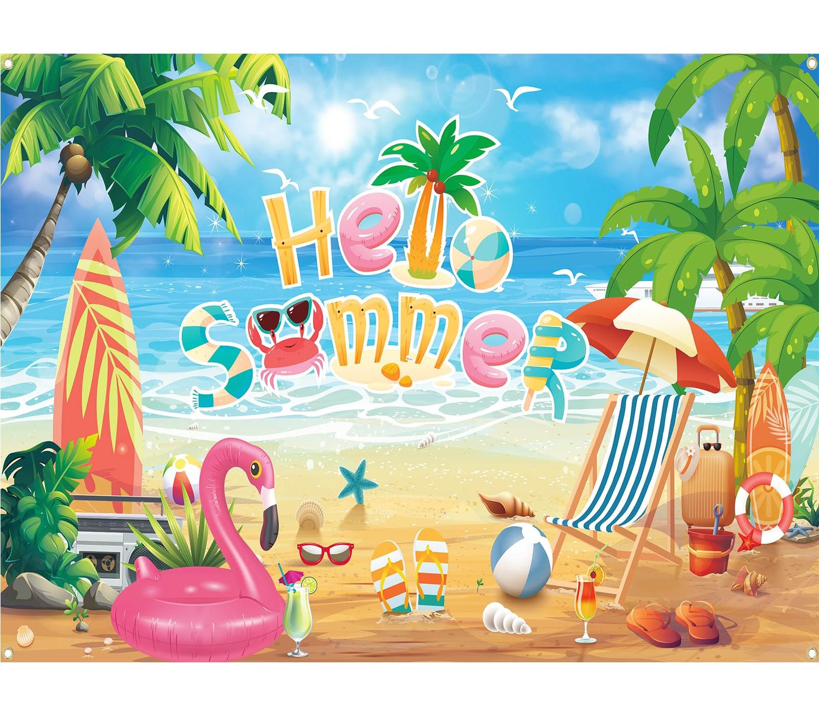 Hello Summer Beach Photo Backdrop Schools Out End School Year 71×43 Inch Prop