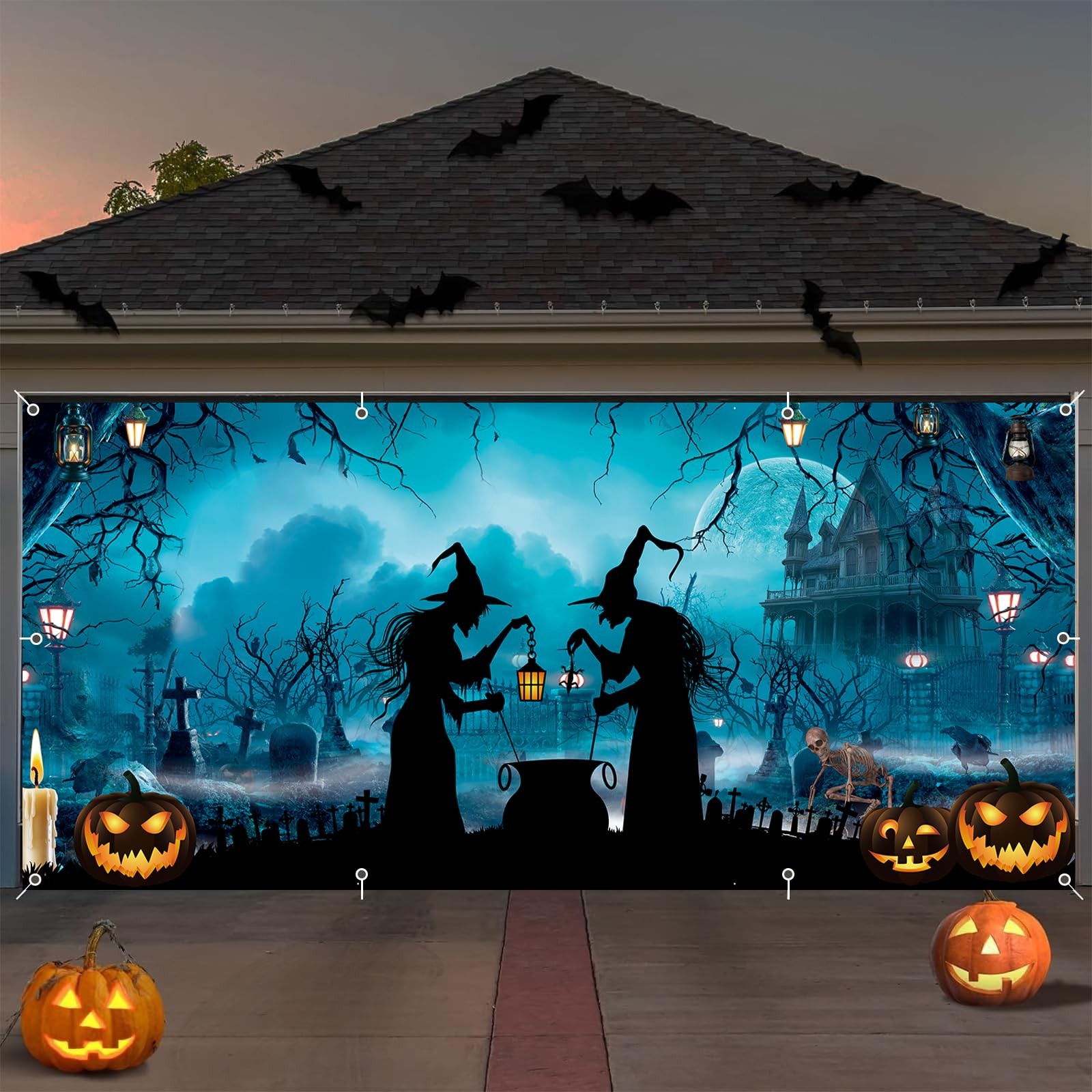 Halloween Garage Door Cover Banner 7x16ft Haunted House Witch Scary Graveyard…