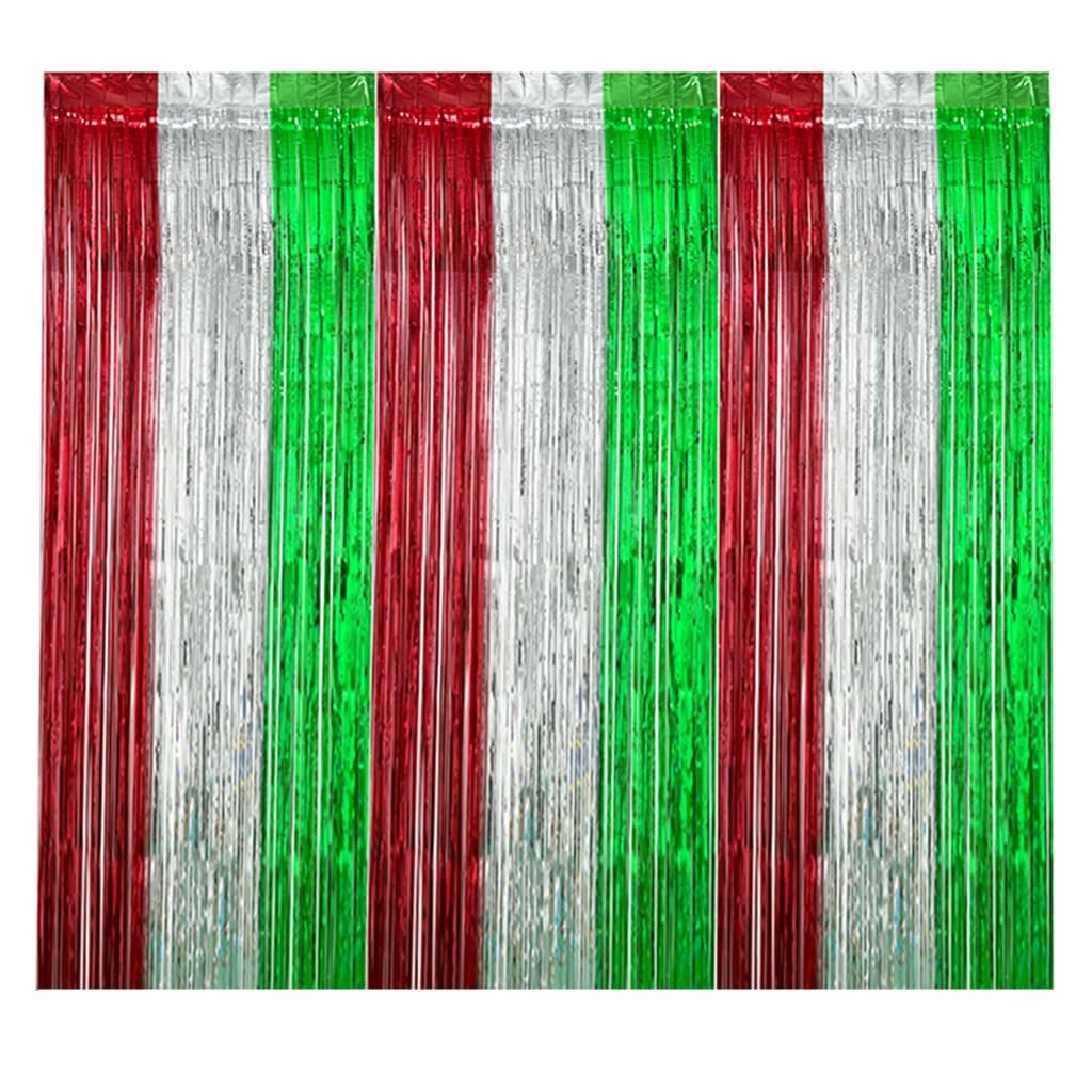 3 PCS 3.3×6.56ft Christmas Party Backdrop Red Green Silver Foil Fringe Curtain