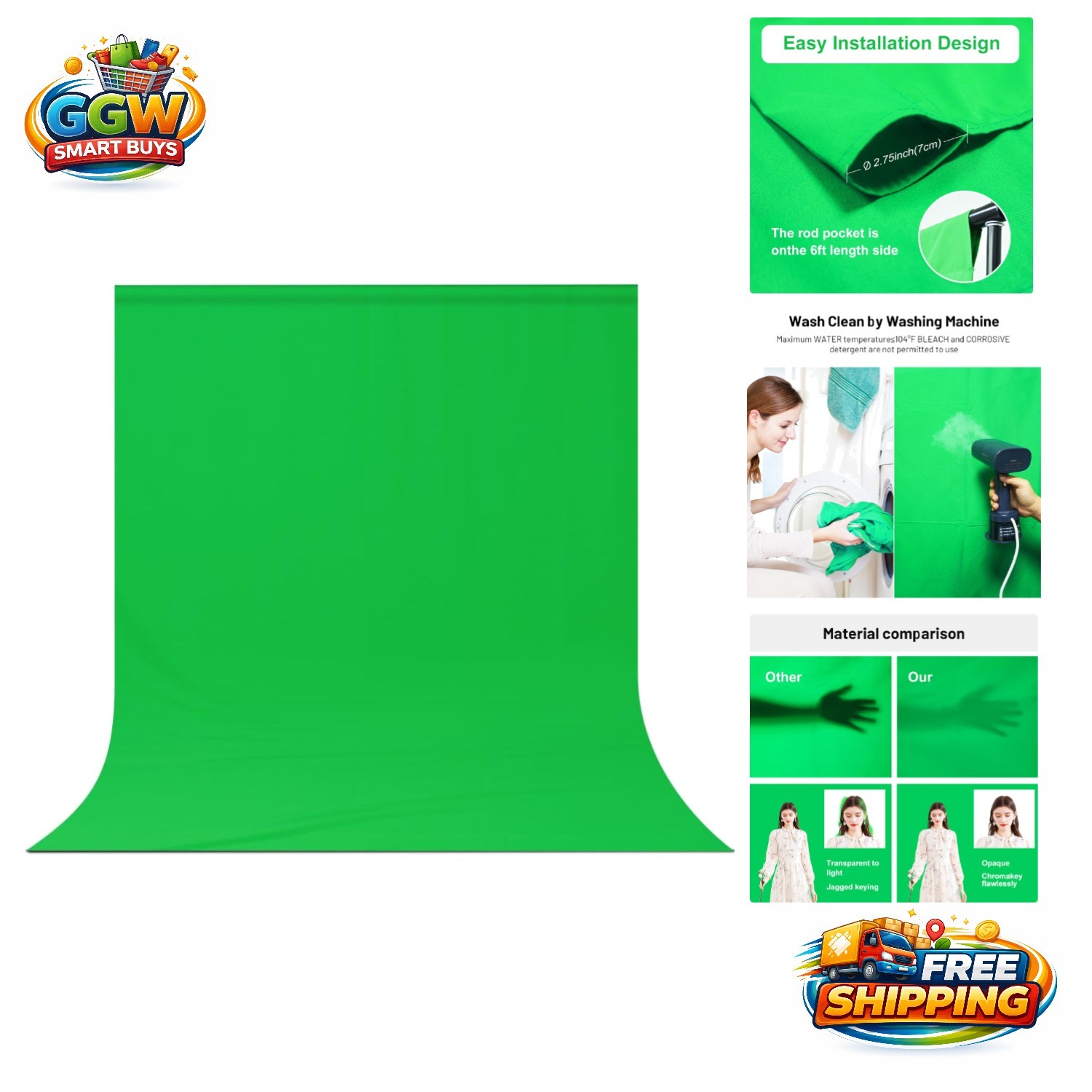 Durable 5 X 6.5 FT Polyester Green Screen – Wrinkle-Resistant & Machine Washable
