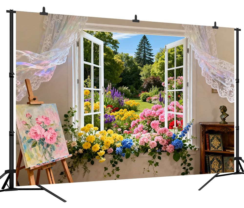 Spring Summer Garden White Window Blooming Flowers Curtain Backdrop 7×5 FT