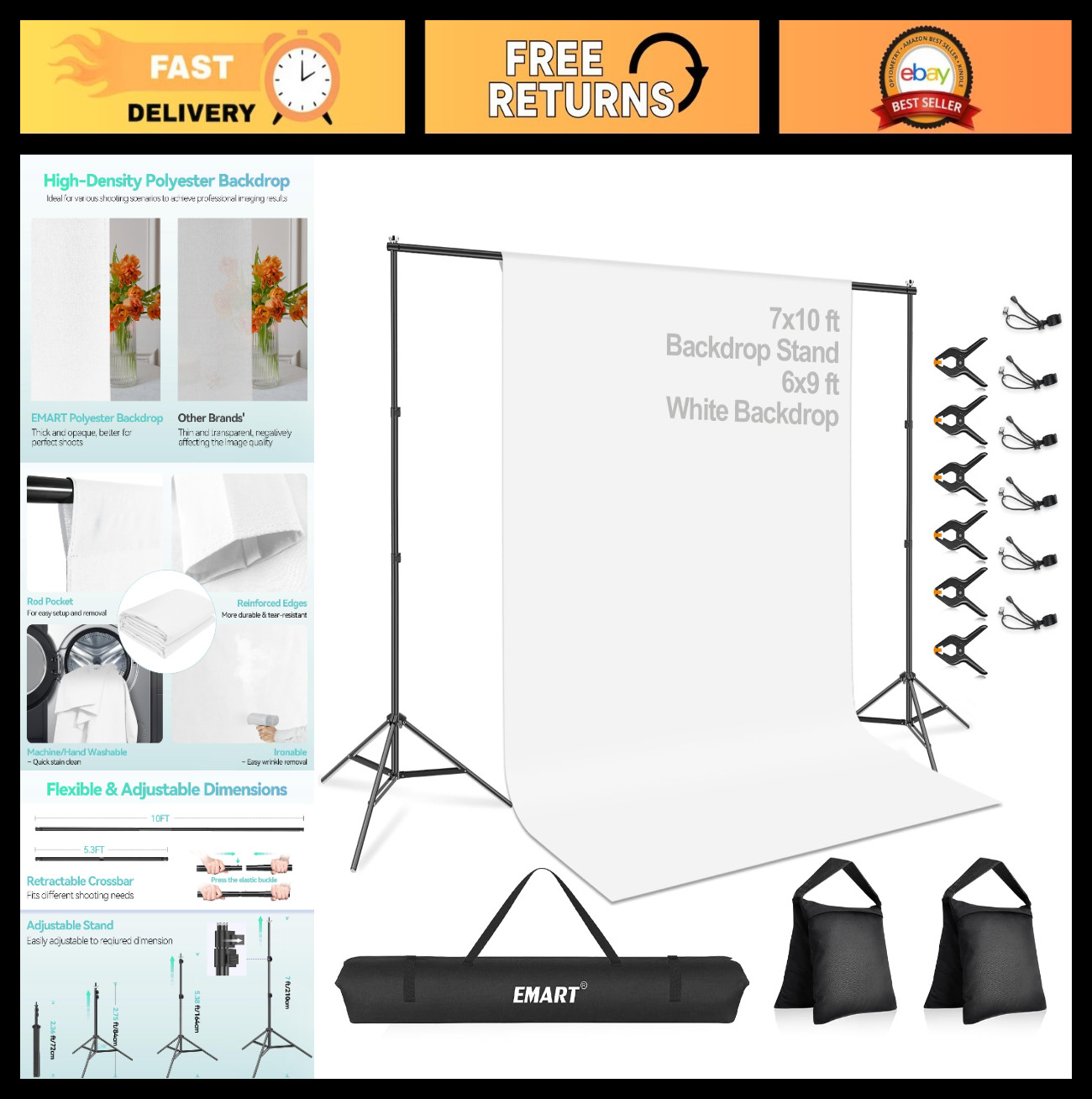Portable Photography Backdrop Stand Kit 7x10ft with 6x9ft White Background – Adj