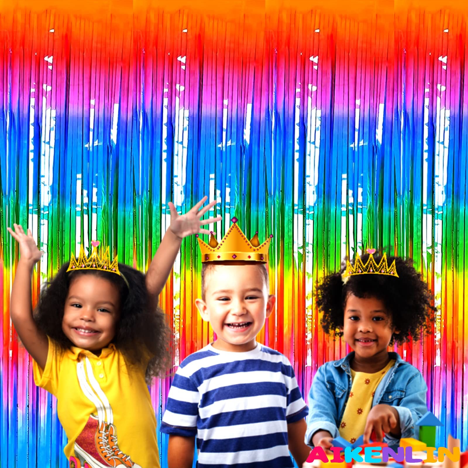 4 Pack 3.2Ft x 8.2Ft Rainbow Foil Fringe Curtain Backdrop Colorful Metallic T…