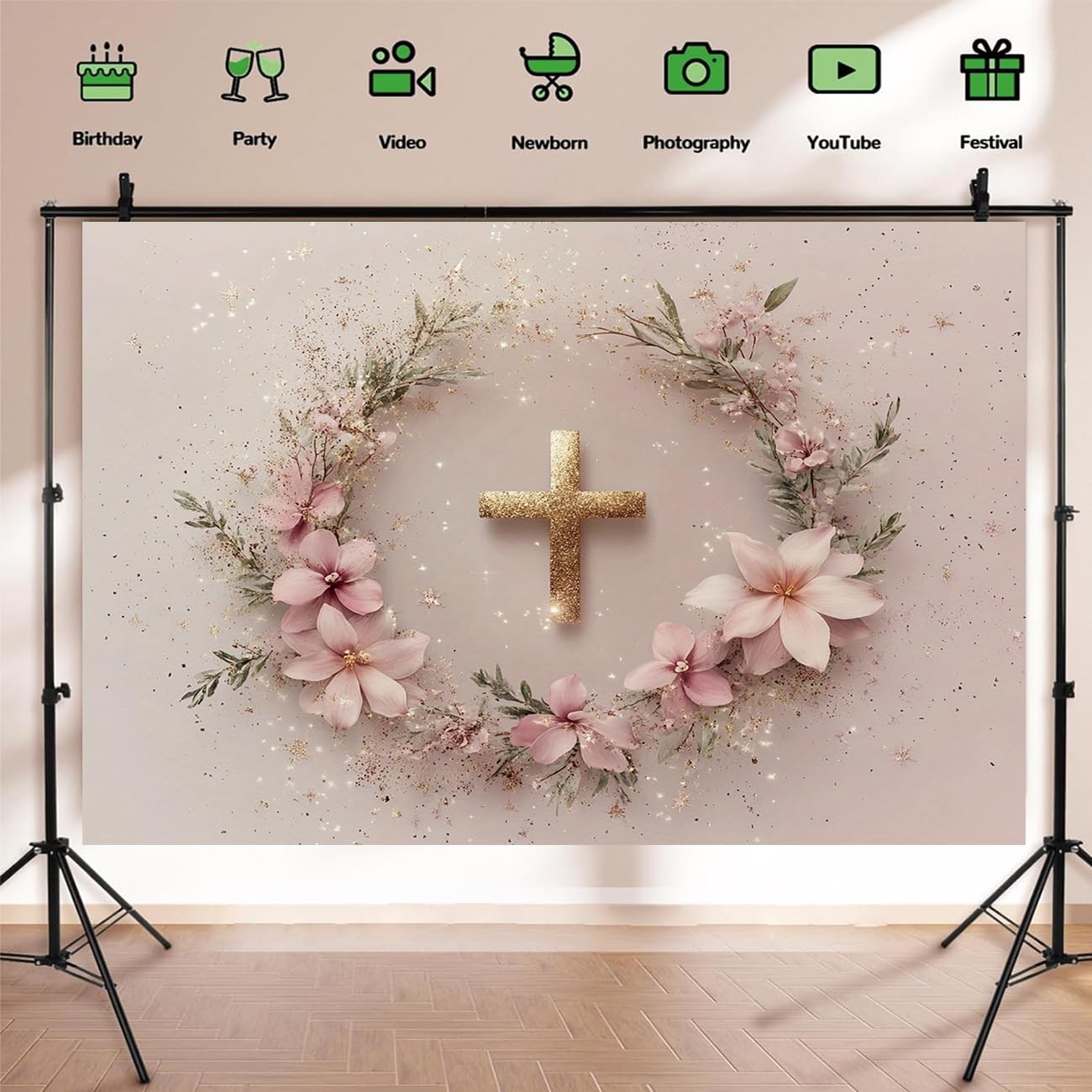 8x6ft Pink Floral Gold God Bless Baptism Photography Backdrop Background