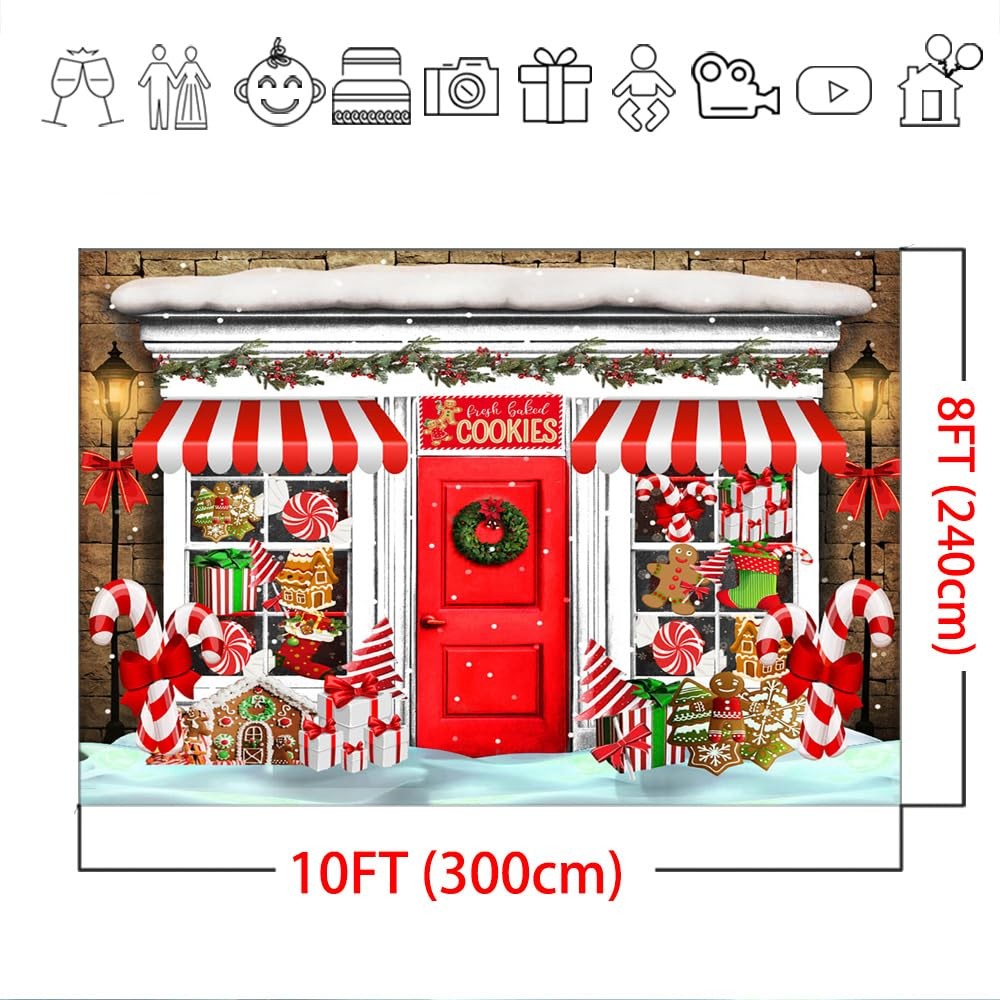 10×8 FT Christmas Candy Store Backdrop Gingerbread House Photography Decor