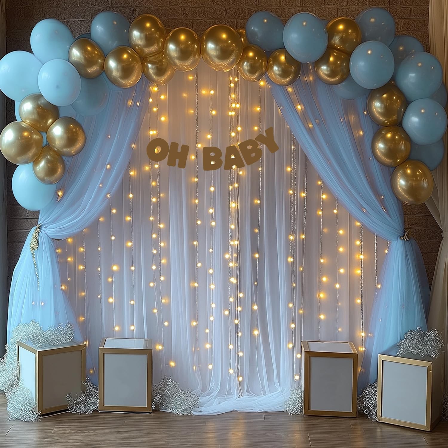 Baby Blue Tulle Sheer Backdrop Curtains Drapes With Light String 10x8ft 2 Panel