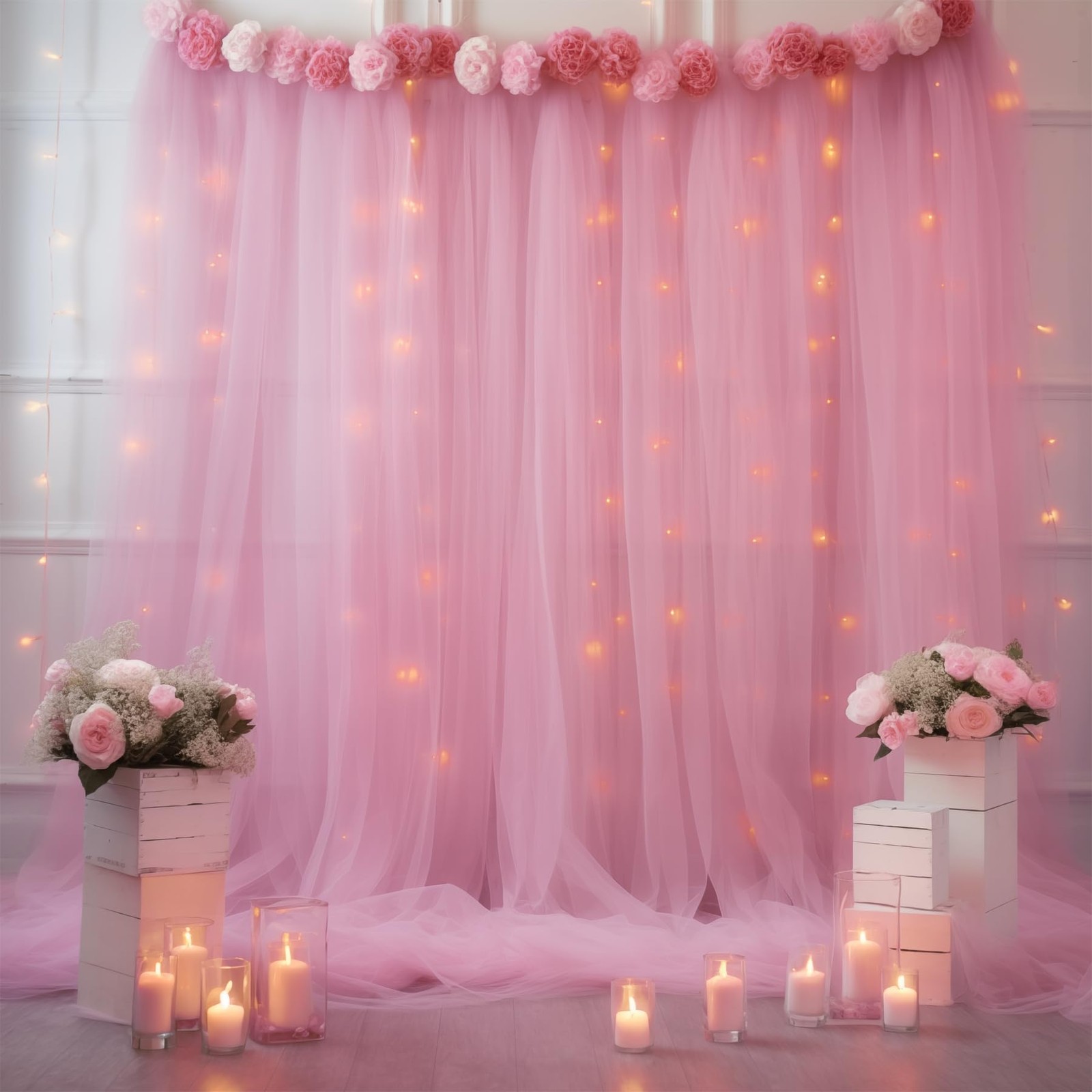 108 Ft Pink Tulle Curtain Backdrop String Light Sheer Photo Baby Shower