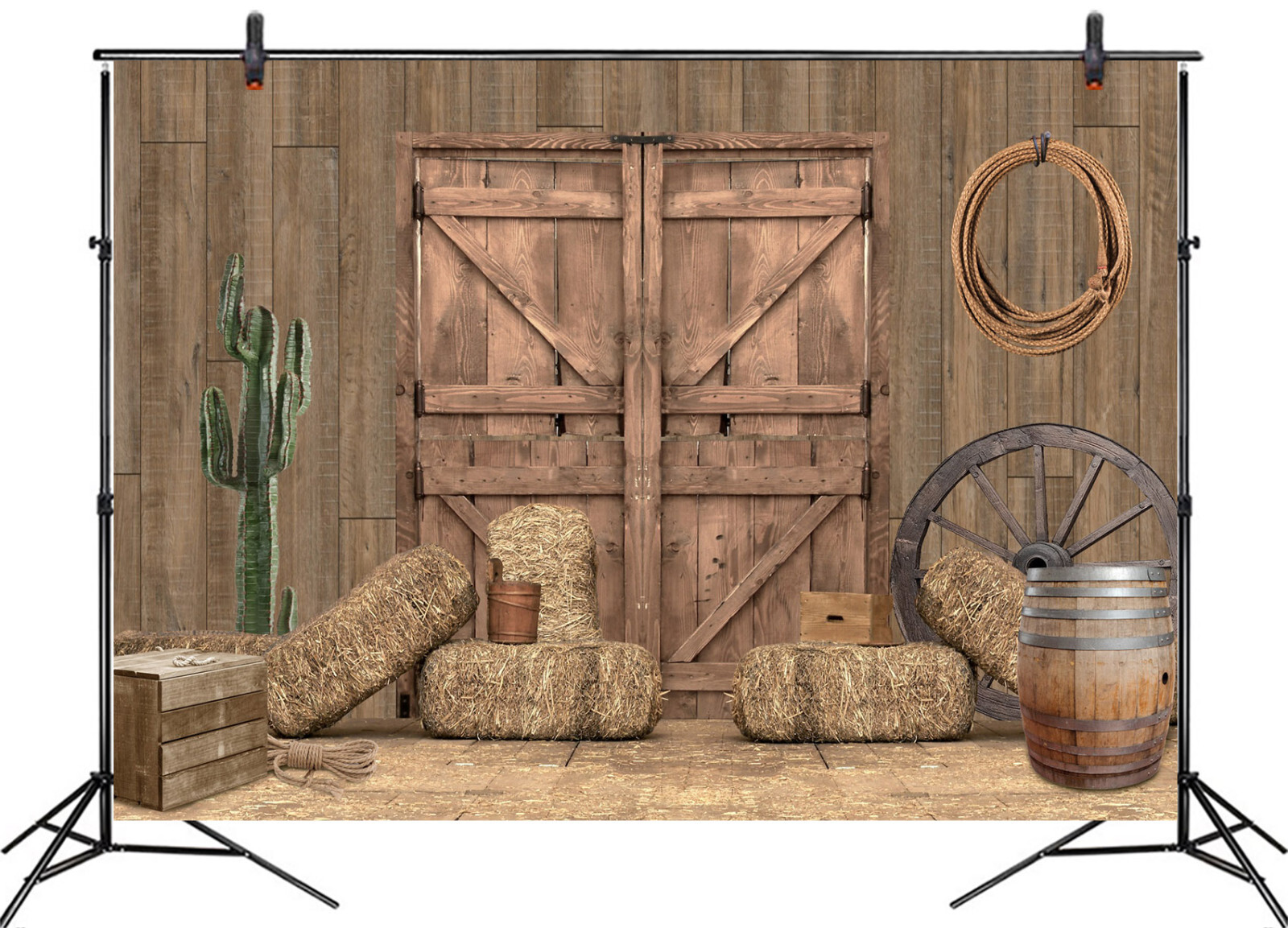 10x8ft Cactus Farmhouse Rustic Wood Barn Door Photo Background Studio Props