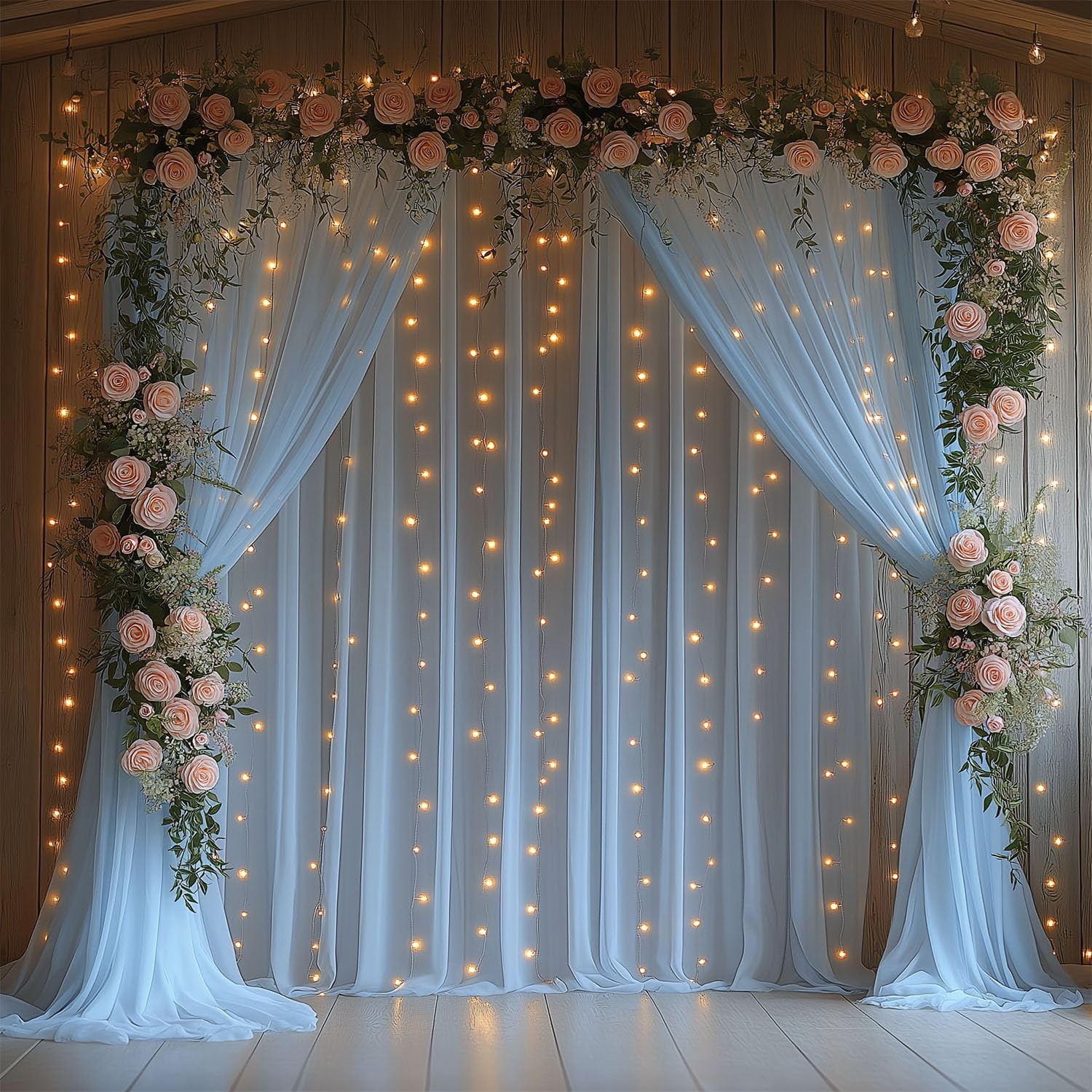 Baby Blue Tulle Sheer Backdrop Curtains Drapes With Light String 10x8ft 2 Panel