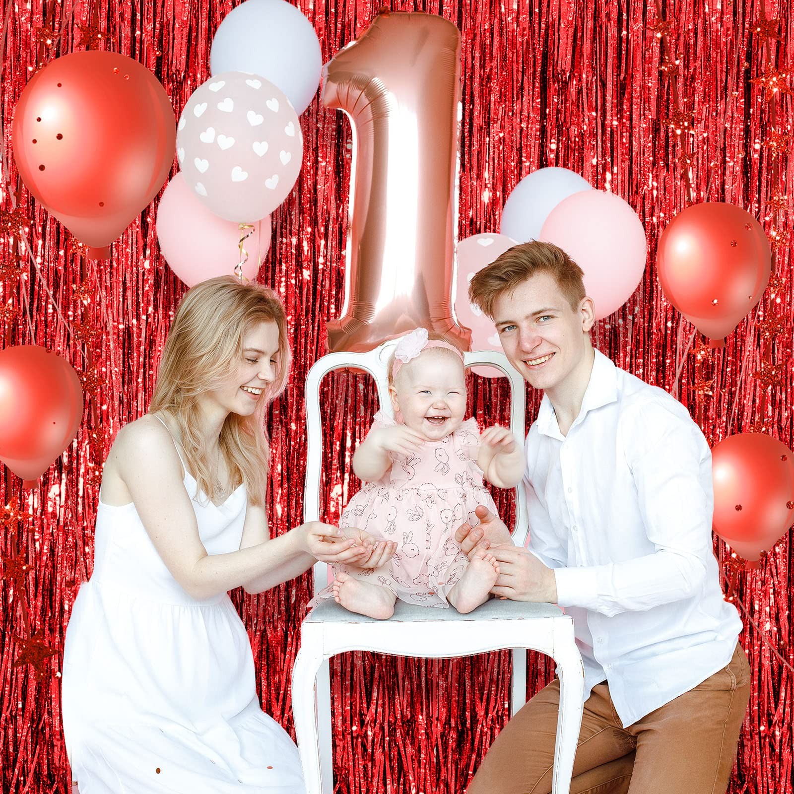 4 PCS Tinsel Foil Fringe Backdrop Curtains Metallic Streamer Red 3.3×8.2 Ft