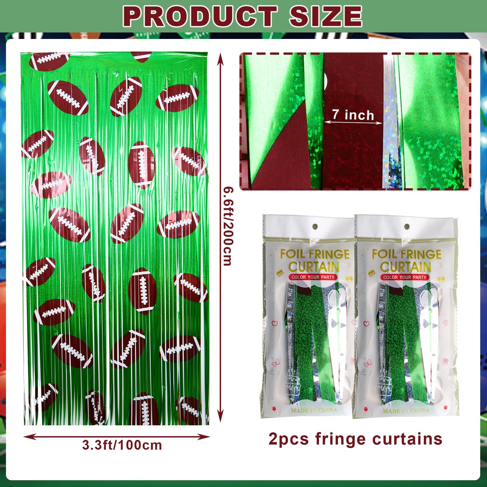 2Pcs Football Background Party Decorations3.3×6.6 ft Football Foil Fringe Cur…
