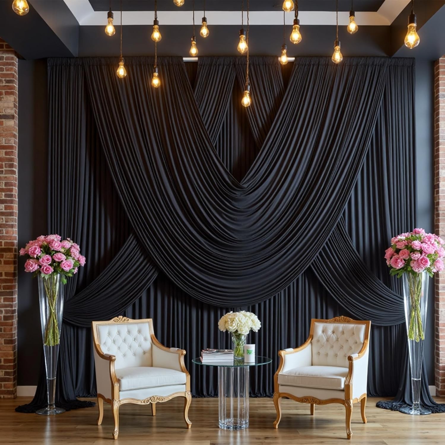 60ft x 10ft Wrinkle Free Black Backdrop Curtain W5ftxH10ft_12 Panels,
