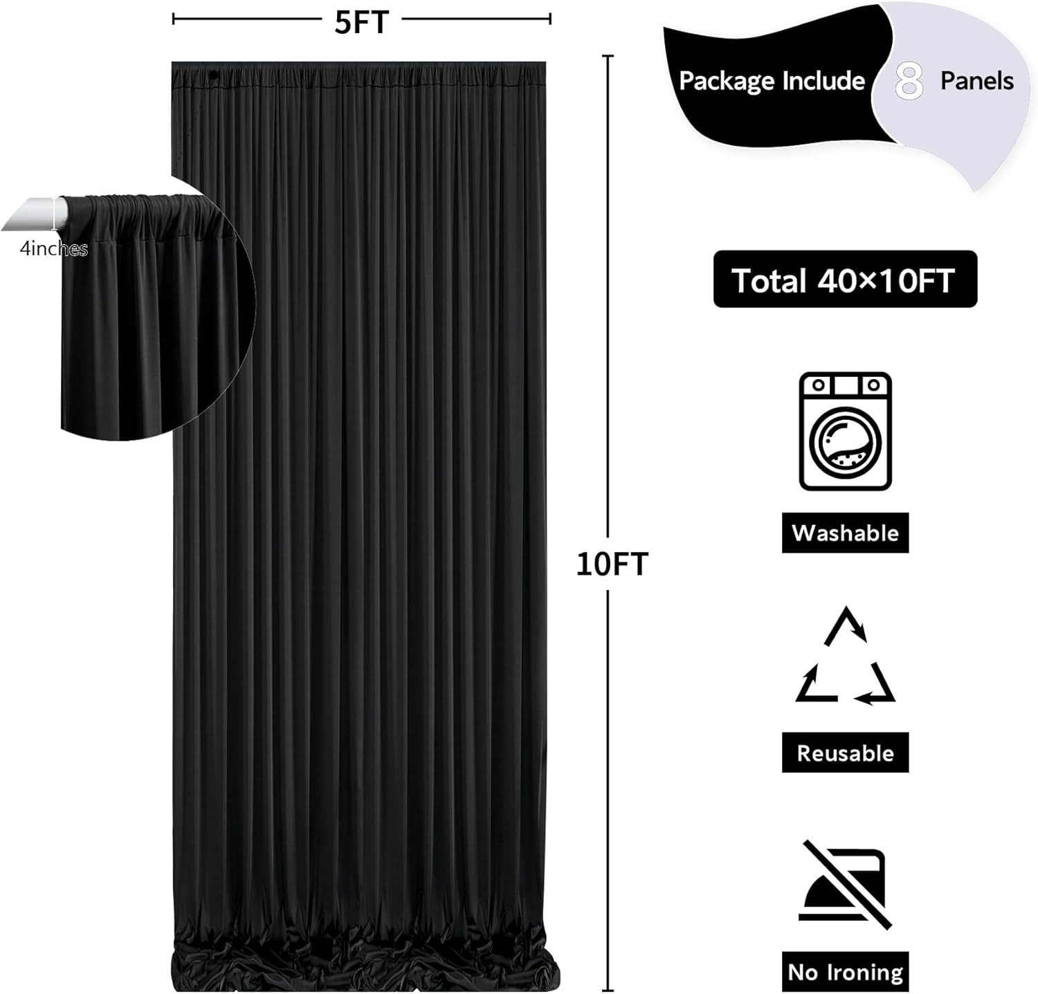 40x10ft Black Backdrop Curtain 8 Panels Wrinkle Free Party Stage Drapes