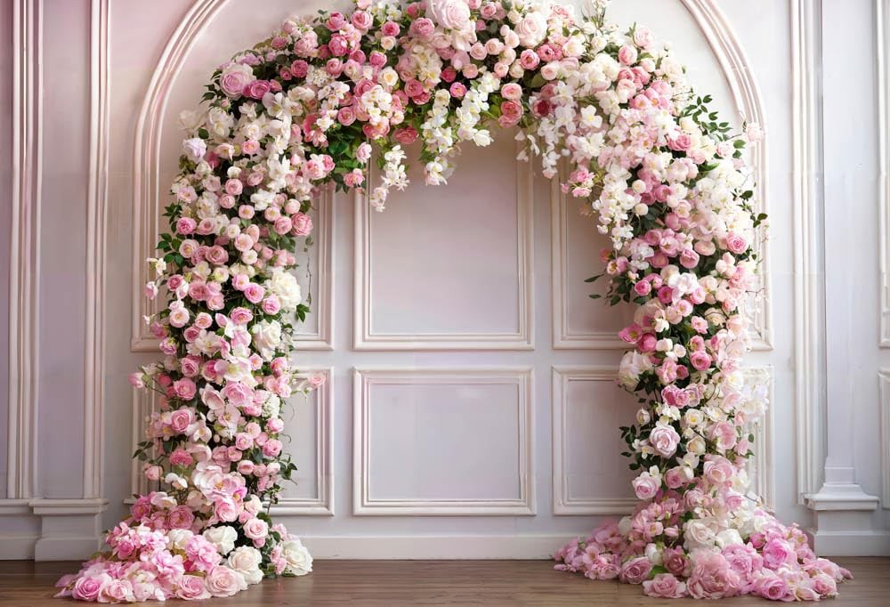 Pink Spring Indoor Empty Room Flower Arch Photography Background 7x5ft Mat