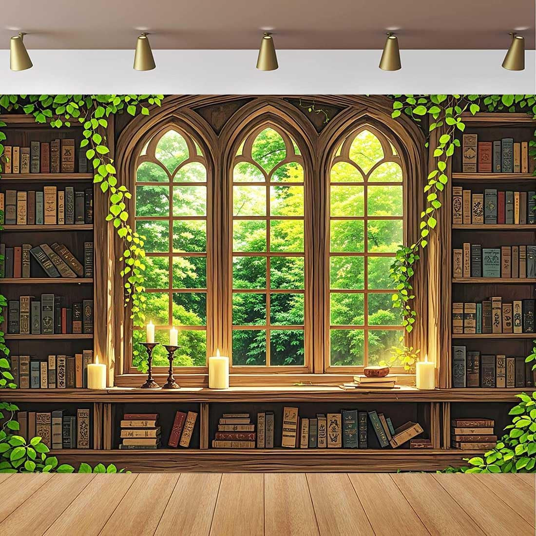 Vintage Wooden Bookshelf Backdrop for Photography Retro Library Window Green