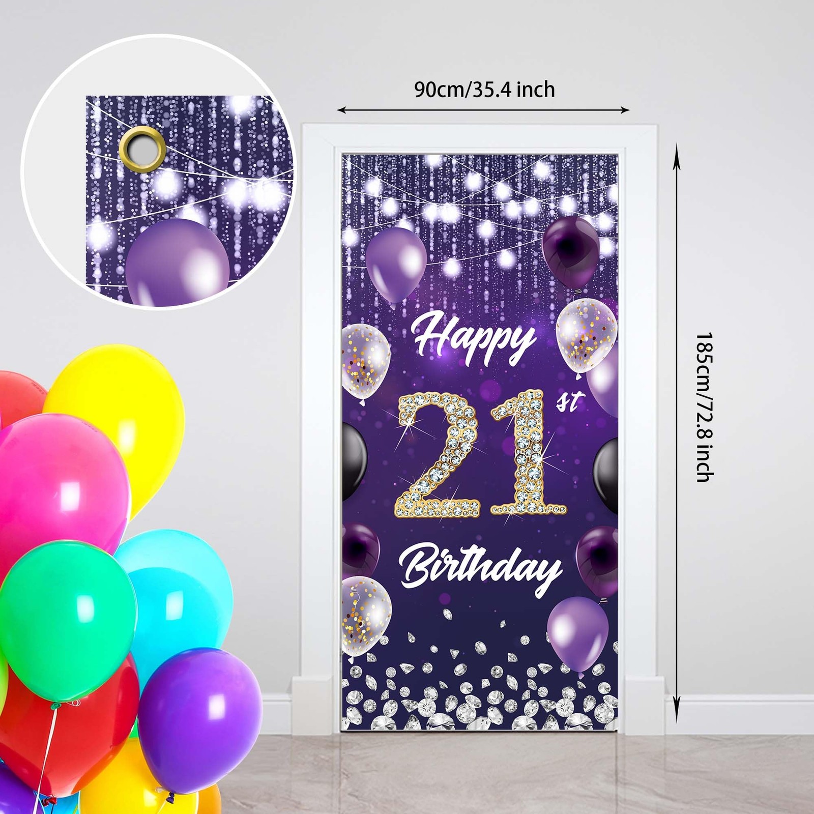 Happy 21st Birthday Backdrop Banner Purple Theme 2.95 feet x 5.98 feet, 21